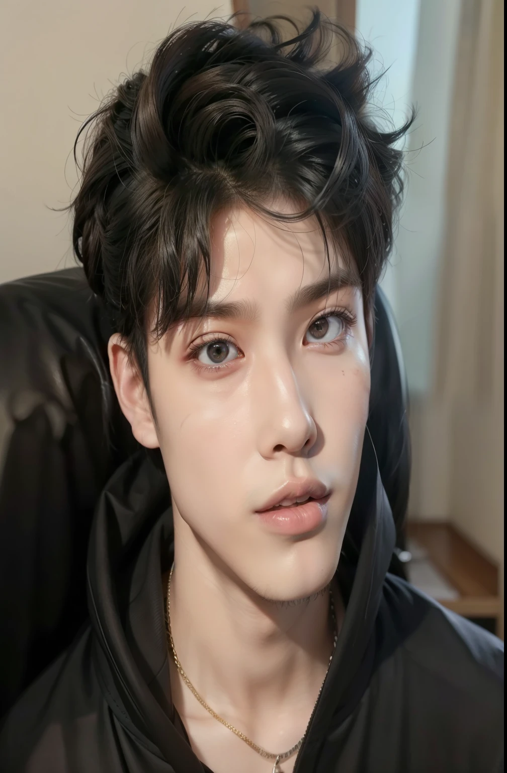 um close de uma pessoa com uma camisa preta e uma jaqueta preta, ele tem cabelos grisalhos claros, cabelos brancos homem sul-coreano, inspirado em Yanjun Cheng, pintar ulzzang, inspirado em Zhang Han, Jung Jaehyun, inspirado em jeonseok lee, Yanjun Chengt, com o mesmo penteado, Kim Doyoung, cai xukun