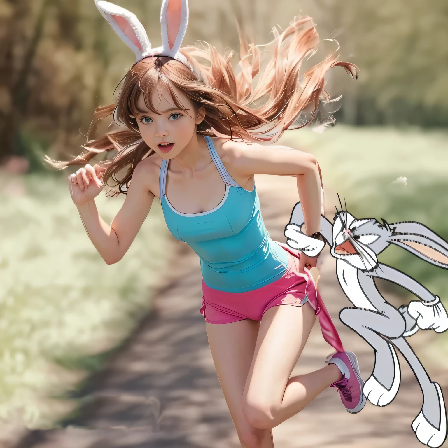 there is a girl running with a bunny on her head, with long floppy rabbit ears, ultrarealistic sweet bunny girl, lola bunny fanart, bunny girl, anime girl in real life, the anime girl is running, with bunny ears, with big rabbit ears, realistic cosplay, with bunny rabbit ears, half bunny, d. va from overwatch, long rabbit ears