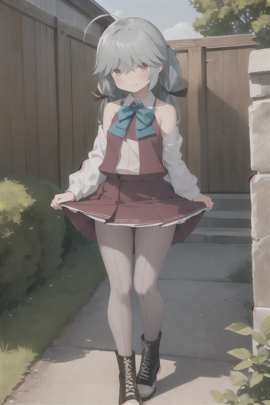 1 girl, alone,
Hama wave \(KanColle\), Ahoge,
hair above eyes, 片方のhair above eyes,
hair ribbon, single blade, hair on shoulders,
, dress, halter neck, white shirt, bow, bowtie, gray pantyhose, boots, brown footwear,
outdoor,