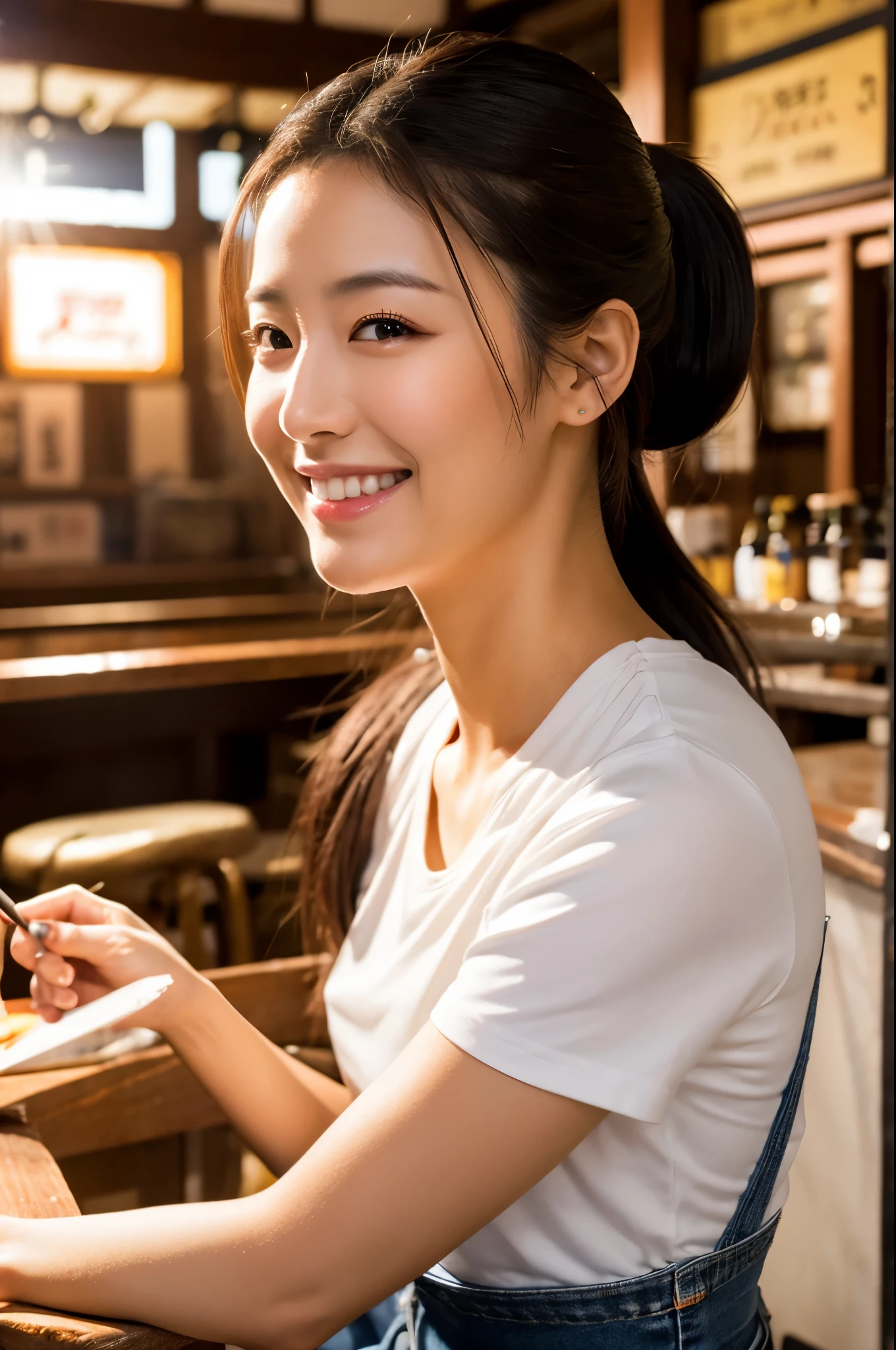 8K,Japanese woman working at an izakaya,Super beautiful(like the real thing),adult woman,Tavern clerk costume,ponytail,jeans,smile,masterpiece,Photorealistic RAW photos of the highest quality。bright colors,rich colors, Backlight, cinematic lighting, film grain, to be born, 50MM lens, Nikon D850,super realistic skin,fantasy art,character art,ultra high resolution,realistic scale skin,Perfect hand shape,view audience,smile,beautiful expression,Close-up,muscular slim body,Makeup,sexy,At work,white t-shirt,