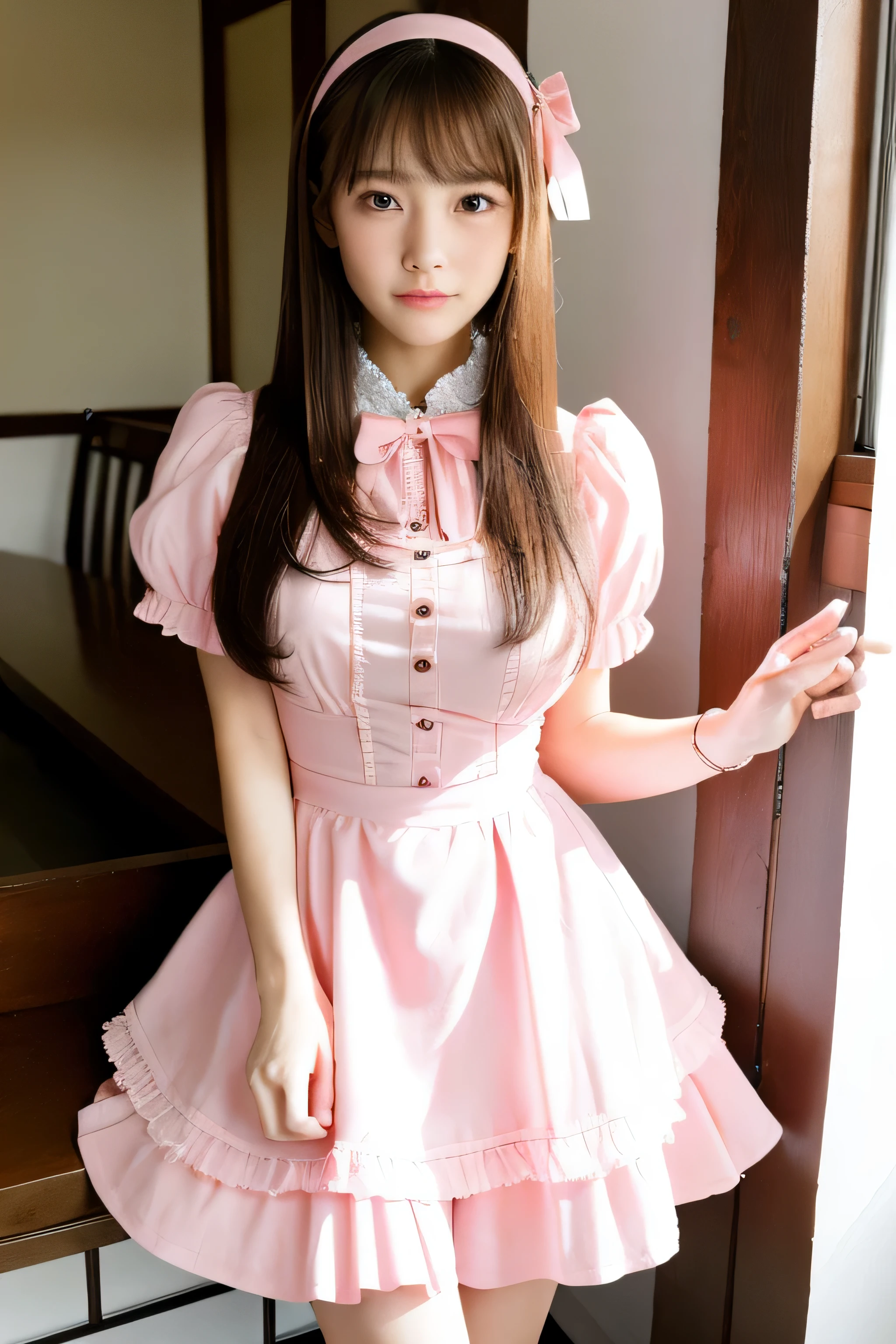 ((highest quality)), ((masterpiece)), (be familiar with), Perfect face Japanese perfect beauty Perfect Japanese beauty face Japanese perfectly proportioned pink hair with super straight long hair looks like an idol。 Super straight long hair length reaches to the knees very detailed hair very dense skin Neat bangs Bangs are Hime cut. Perfect body. big big tits She works at a maid cafe。 Meidorimin Pink Room The maid's clothes are pink Maid's clothes have many frills. she is standing and dancing。