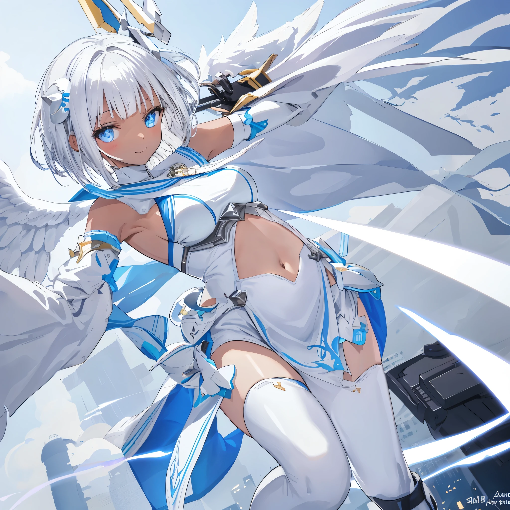 fantasy, 1angel_girl, low_, white_medium_bob_hair,long_bangs, (dark_skin)+, bare_shoulder, navel out, thighhighs,silver_shiny_armor, white_clothes,waist_armor, Glebe, hold_shiny_swords, medium_breasts,, dynamic_pose_fighting,Floating, (1pair_white_wings,pelvic_curtain)++, Headgear ,city_sky_background,,slightly_spread_legs, light_smile,multiple_shiny_swords_floating_around_the_girl