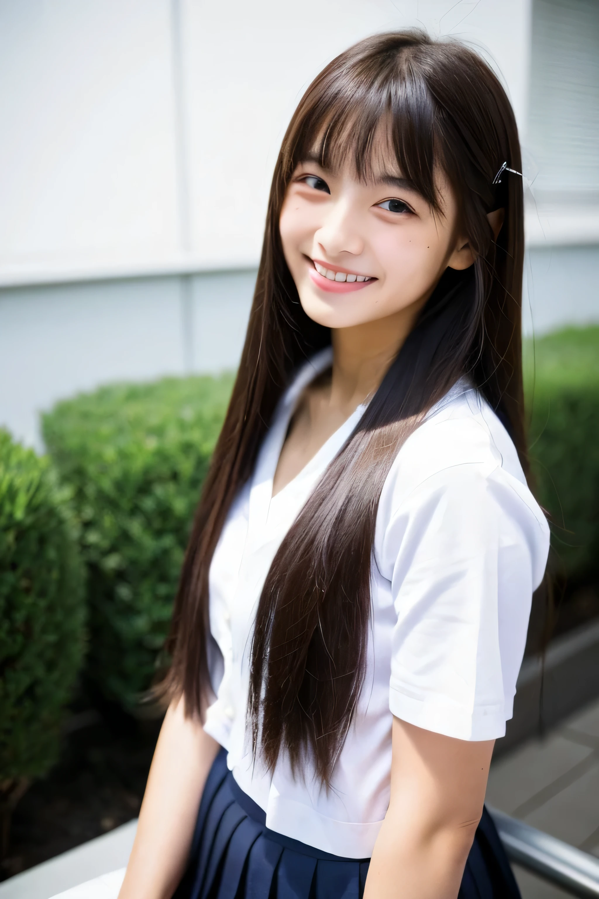 ((highest quality)), ((masterpiece)), (be familiar with), Perfect face, perfect Japanese beauty, black super straight long hair, looks like an idol。　Super straight long hair length reaches to the knees　very detailed hair　very dense skin　Neat bangs　Bangs are Hime cut. Perfect body.　big big tits　Her  are like watermelons。
She is wearing a sailor suit and playing the violin in the classroom.　she is smiling happily。

