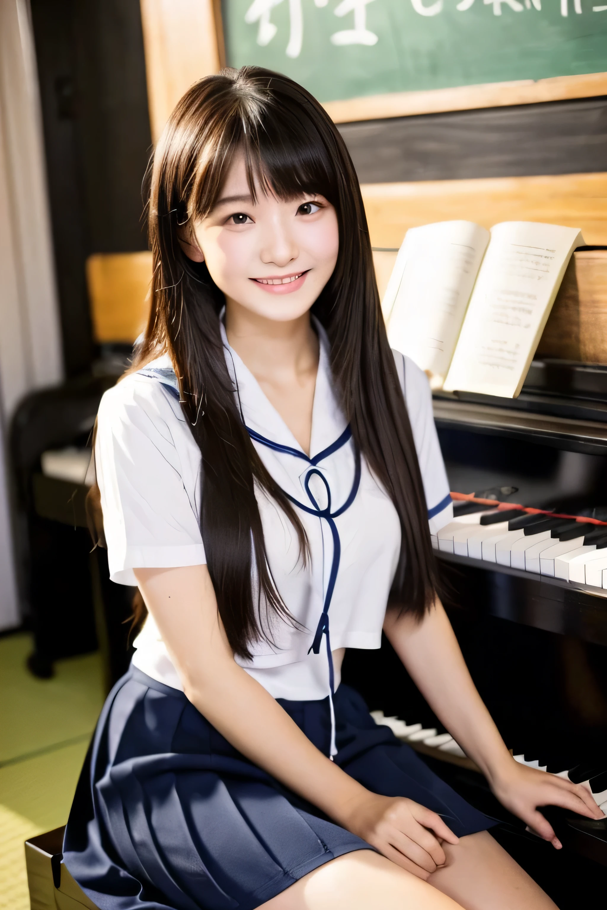 ((highest quality)), ((masterpiece)), (be familiar with), Perfect face, perfect Japanese beauty, black super straight long hair, looks like an idol。　Super straight long hair length reaches to the knees　very detailed hair　very dense skin　Neat bangs　Bangs are Hime cut. Perfect body.　big big tits　Her  are like watermelons。
She is wearing a sailor suit and playing the piano in the classroom.　she is smiling happily。

