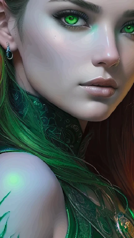 il y a une femme avec un tatouage sur le bras et un fond vert, Detailed matte fantasy portrait, type germe. high detail, type germe detailed, type germe portrait, High quality 8k detailed art, portrait artistique fantastique, superbe illustration numérique, drawn in the style of type germe, Detailed beauty portrait, digital fantasy portrait, stunning digital art with details