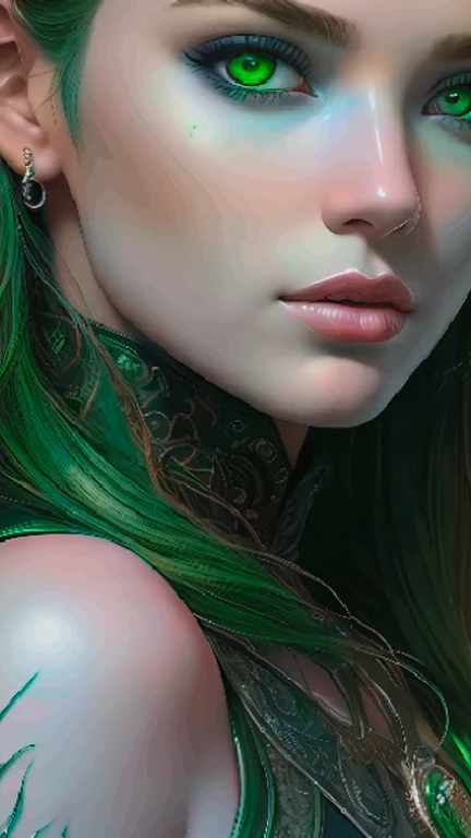 il y a une femme avec un tatouage sur le bras et un fond vert, Detailed matte fantasy portrait, type germe. high detail, type germe detailed, type germe portrait, High quality 8k detailed art, portrait artistique fantastique, superbe illustration numérique, drawn in the style of type germe, Detailed beauty portrait, digital fantasy portrait, stunning digital art with details