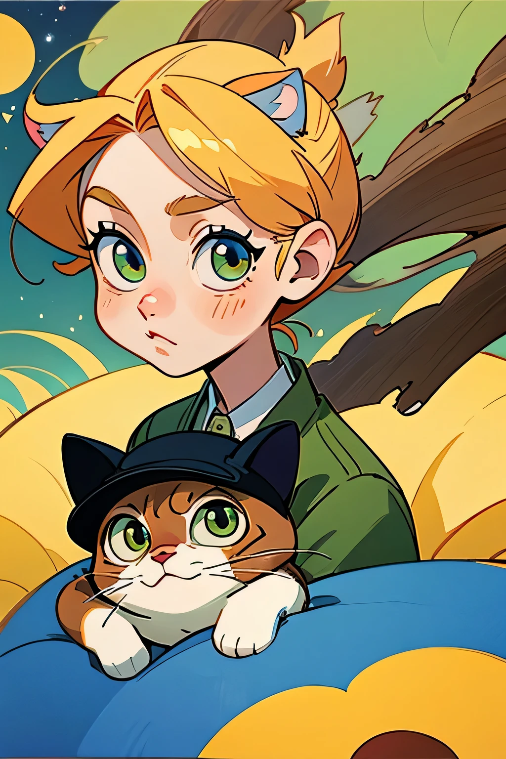 gato animal anime、kawaii、caricatura、Qualidade de imagem de alta qualidade, van gogh ceu estrelado