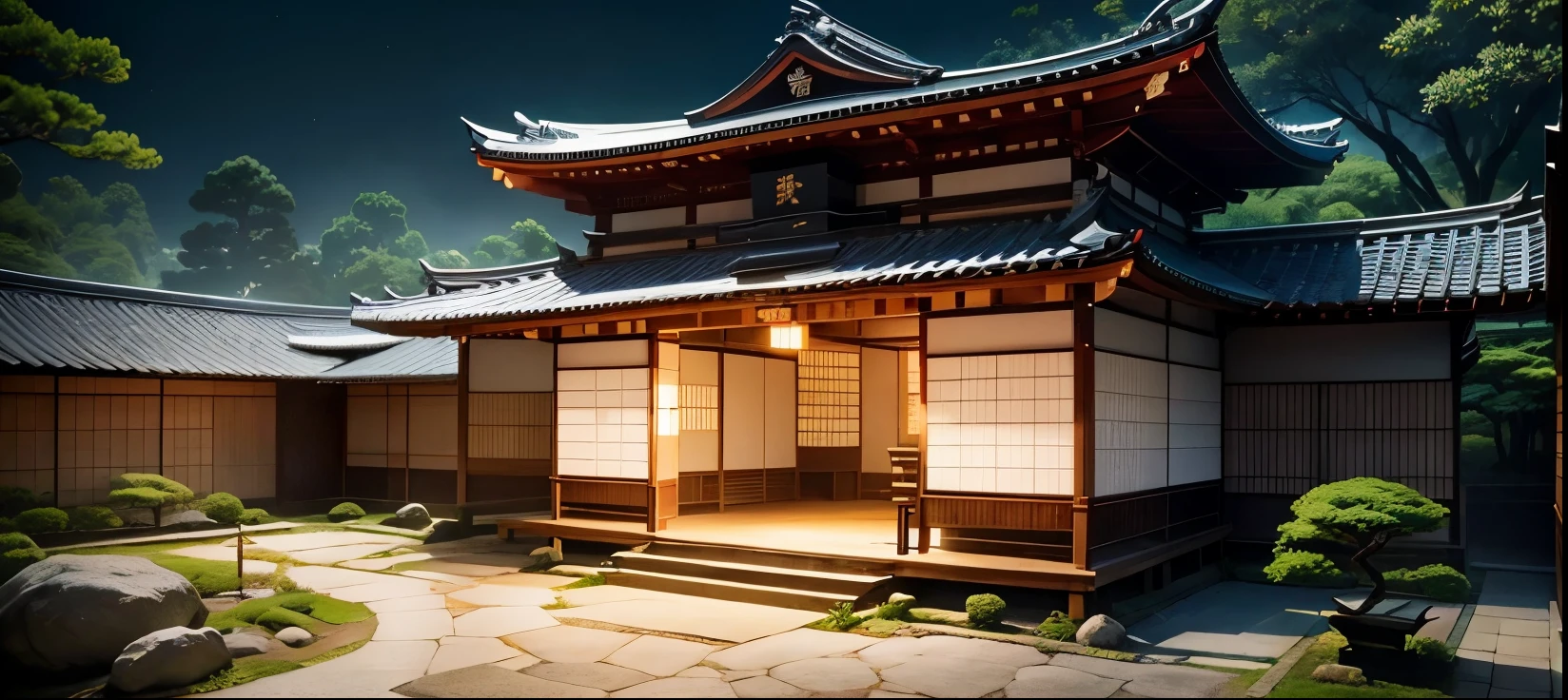 Feudal imperial Japanese anime scene at night, Ninja Scenario, Personagem: Ninja Mulher nos telhados, telhados, olhar dos telhados, (Personagem feminina perfeita), (Simetria da Personagem perfeita), (Corpo da Personagem feminina delicado), (Corpo Inteiro), 4k, UHD, Perfect stage lighting, estilo anime, japanese feudal garden background scenery