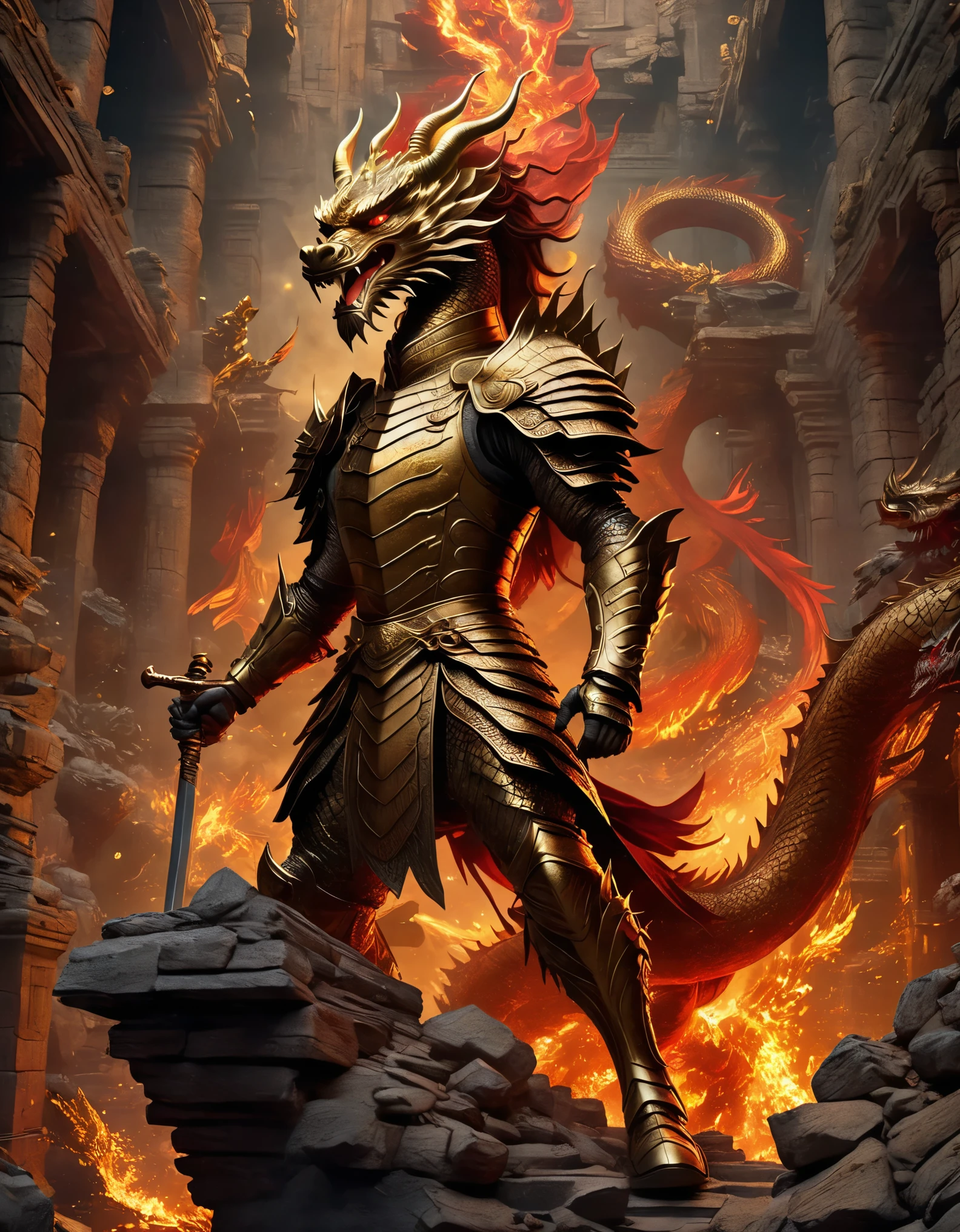 Bottom view，(anthropomorphic Chinese dragon warrior in golden armor fighting enemies), sword swinging through dungeon roofs, red flames of hell, rubble flying, explosions, epic footage, iper quality, iper detail, intricate detail, octan rendering, cinema, standing facing the viewer, mythological creatures, hermits, conceptual art, wide angle, full composition, dynamic lighting, film