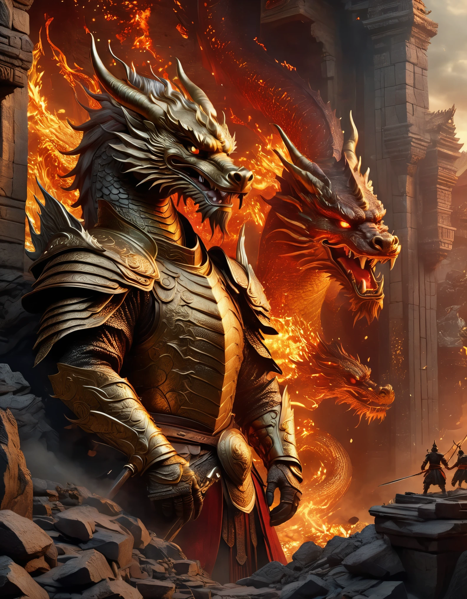 Bottom view,(anthropomorphic Chinese dragon warrior in golden armor fighting enemies), sword swinging through dungeon roofs, red flames of hell, rubble flying, explosions, epic footage, iper quality, iper detail, intricate detail, octan rendering, cinema, standing facing the viewer, mythological creatures, hermits, conceptual art, wide angle, full composition, dynamic lighting, film