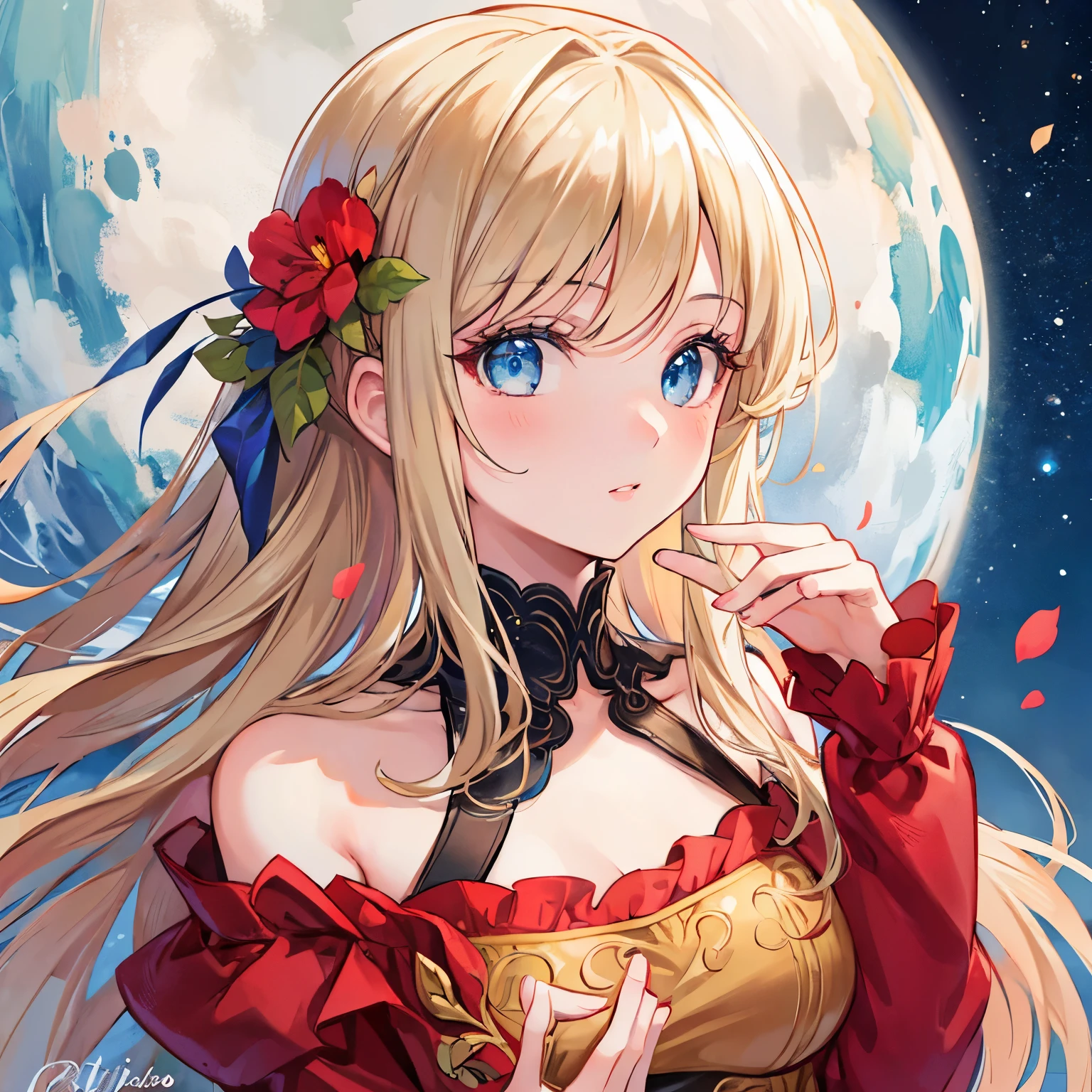 (best quality,ultra-detailed,photorealistic:1.37)alone,adult girl,A girl in a red and silver dress,Long flowing blondes hair tied up,green eye,blue eyes,Off-shoulder,long hair,long eyelashes,sparkling dress texture,detailed lips,flowers in the background,soft lighting,stunning makeup,graceful pose,vivid colors