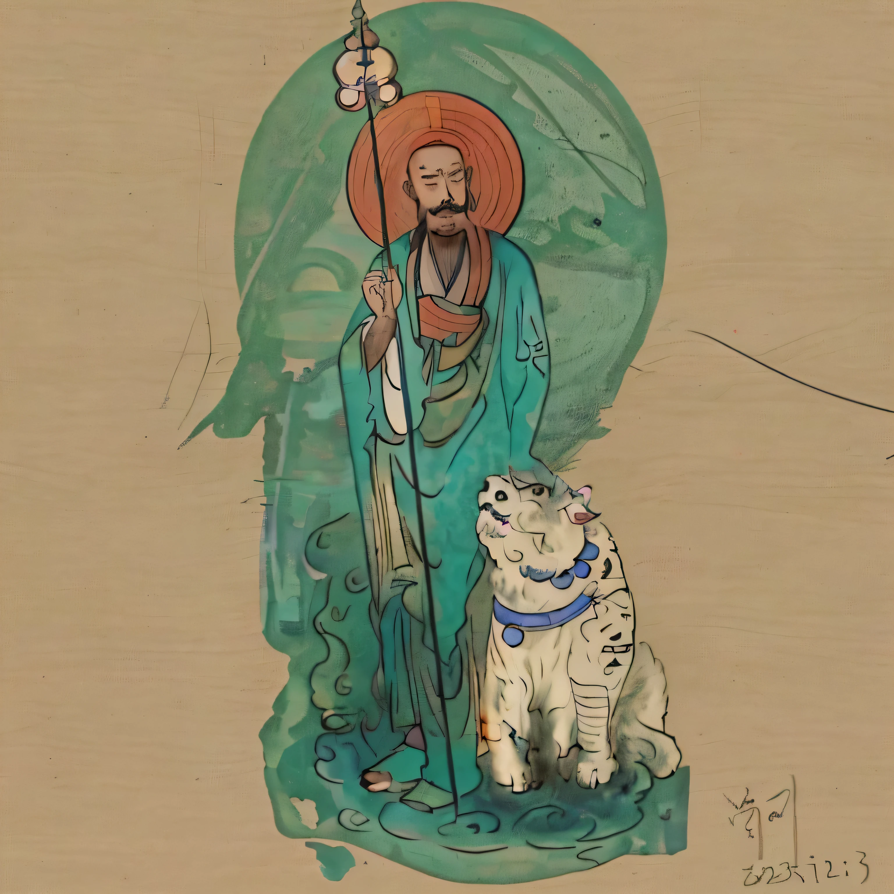 Drawing of a statue of a man holding a stick and a cat, Inspired by Kaiyuedo Andi, Inspired by Tawaraya Sotatsu, Dogs are like gods, god concept art, line drawing, Inspired by Longxingzhai Dingqing, Inspired by Ando Kaigetou