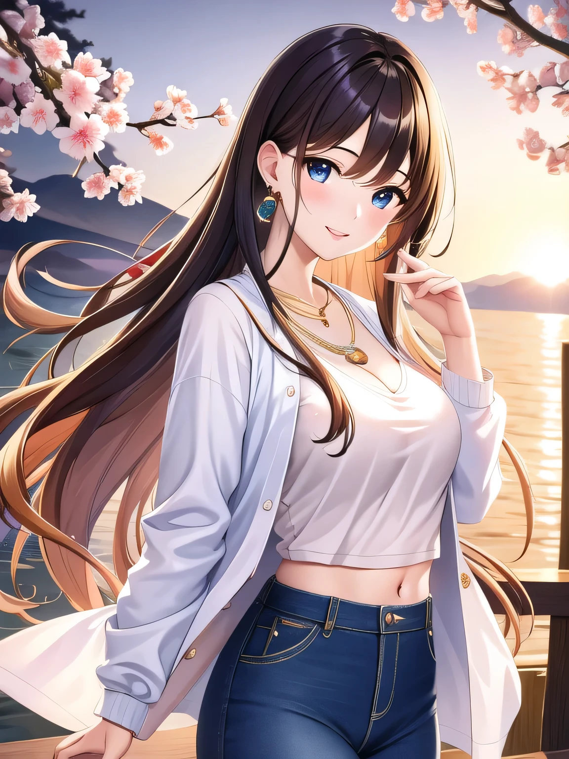 最high quality, masterpiece, High resolution, 1 girl, clear silk porcelain 、white cardigan, beautiful face, hair accessory, smile, close your mouth, lips,  hair accessory, necklace, jewelry, long hair, earrings, beautiful face, On the body, Tyndall effect, realism, edge lighting,  (high detail skin: 1.2), Digital single-lens reflex camera, soft light, high quality, volume lighting, photograph, High resolution 4K, 8K, blurred background、Kyoto&#39;s night cherry blossoms、from side,full body,jeans、light brown hair、blue eyes、Standing picture、（chibi）