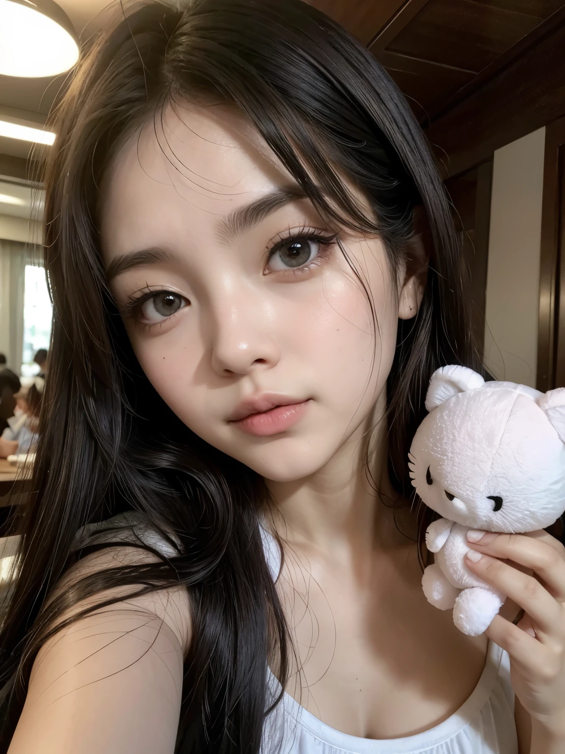 Garota coreana, garota de franja e cabelos curto, neck length hair, olhos puxados, de cor preta, olhos de cor preta como jabuticabas, garota branca de pele clara, roupas fofas, sentada na cama, em um quarto com estetica fofa,  garota apaixonada na hello kitty, girl with hello kitty stuffed animals, soft and healthy lips, girl beauty, garota linda e maravilhosa, cute, garota fofa, drogas, garota com drogas ao redor, garota em um restaurante fofo
