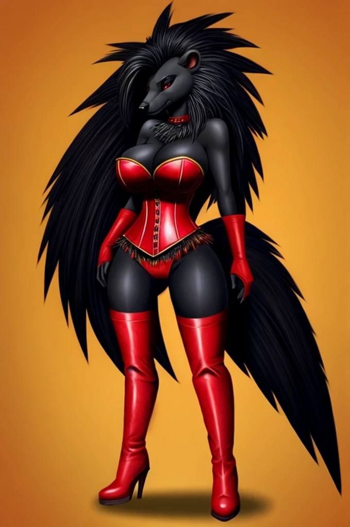 female anthro porcupine, black fur, black body, big breasts, extremely long black quill hair, red corset, red panties, red boots
