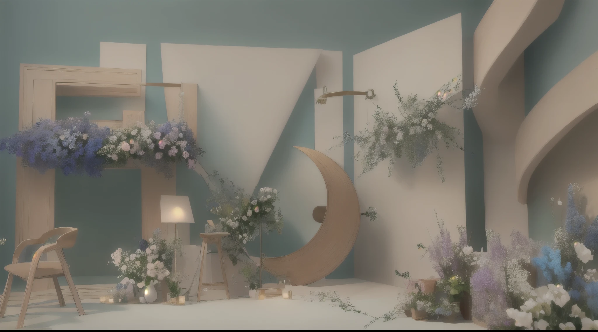 3D rendering of a floral installation, wedding scene. A large wall, door, curtain, wooden stool, abstract compositional, bright, colourful flowers, against a green-blue background. against a green blue, rendering in cinema4d, miwa komatsu, print ads, high contrast shadows, ultra high resolution, HD quality， high detail, Very detailed, fair, architectural shots, Surrealism, Unreal Engine 5