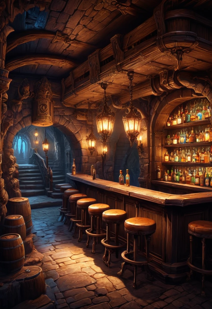 At the end of the dungeon, the bar is brightly lit, masterpiece, best quality, perfect composition, very aesthetic, absurdres, ultra-detailed, intricate details, Professional, official art, Representative work