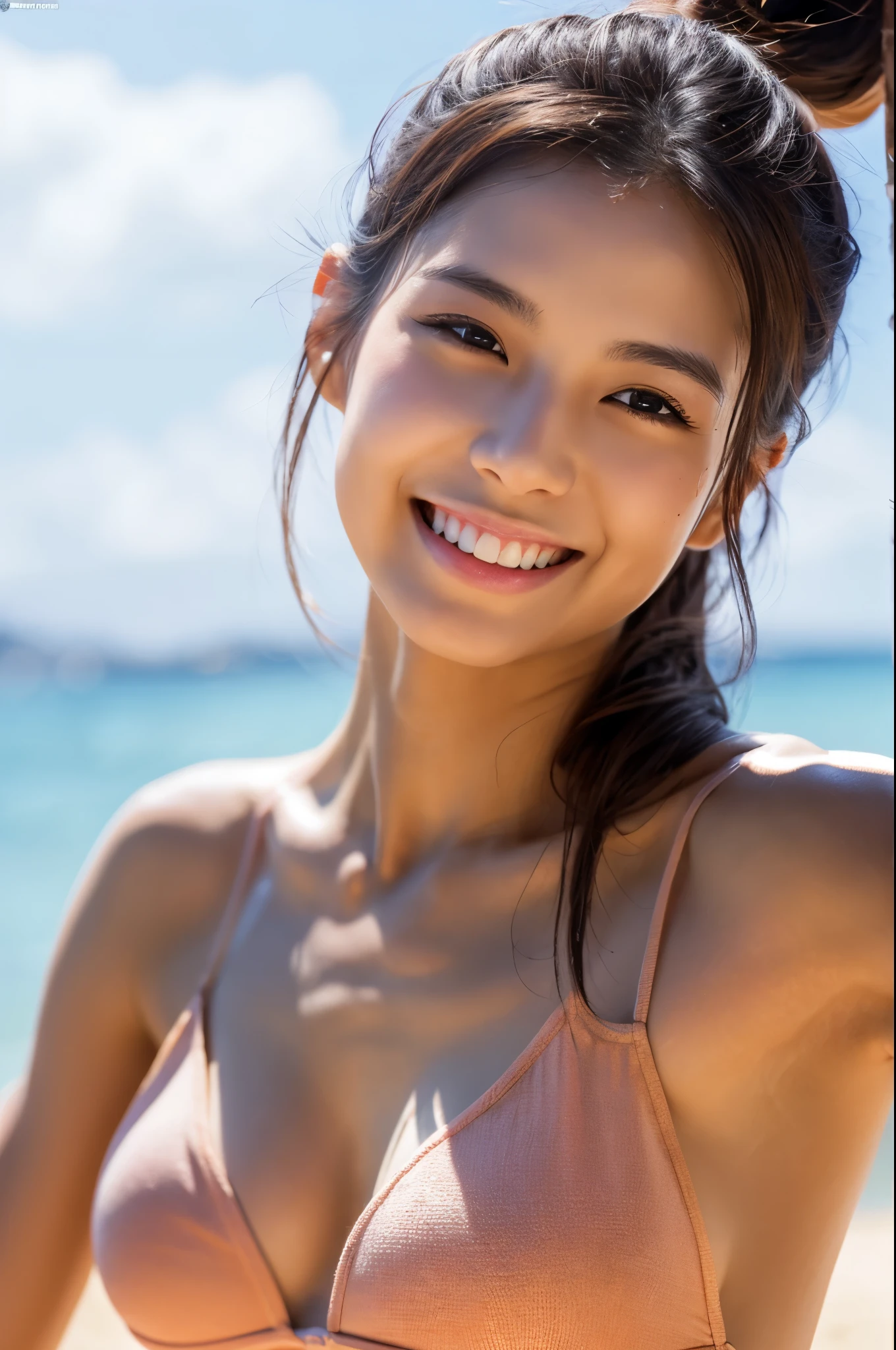 8K,Japanese women playing on the sandy beach,Super beautiful(like the real thing),adult woman,sexyな水着,ponytail,smile,masterpiece,Photorealistic RAW photos of the highest quality。bright colors,rich colors, Backlight, cinematic lighting, film grain, to be born, 50MM lens, Nikon D850,super realistic skin,fantasy art,character art,ultra high resolution,realistic scale skin,Perfect hand shape,view audience,smile,beautiful expression,Close-up,muscular slim body,Makeup,sexy,dynamic pose,Close-up,