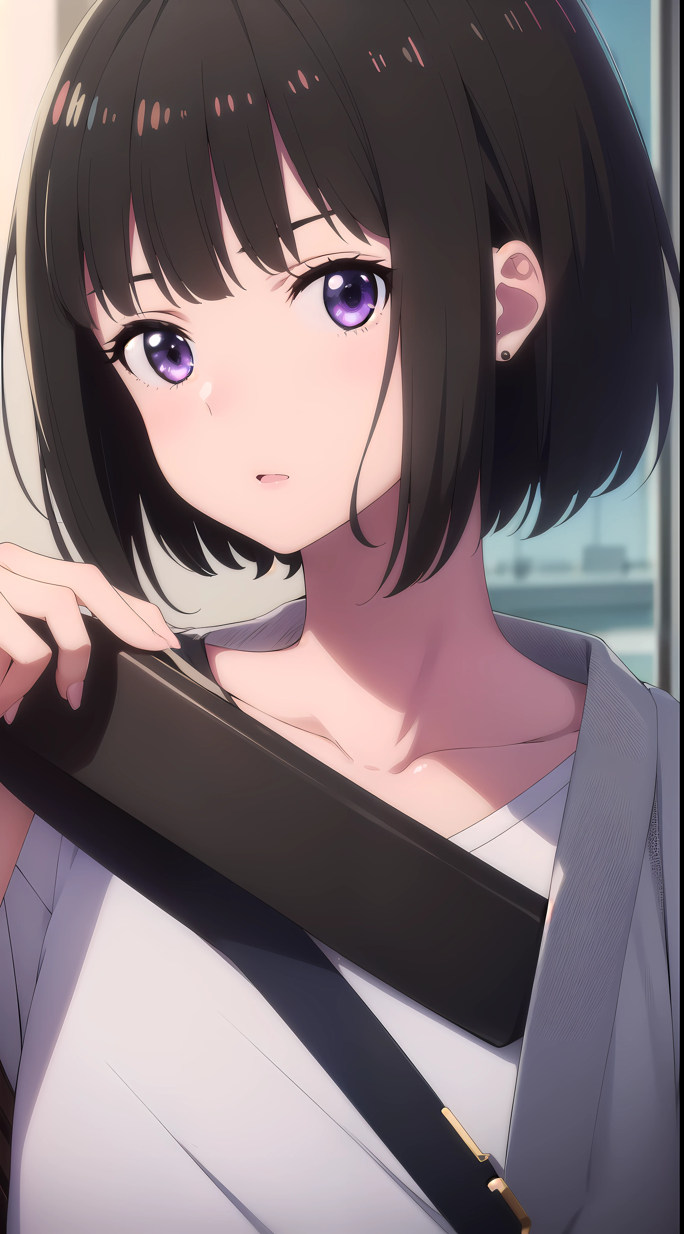 1girl, solo, exposed back, looking at viewer, upper body, black hair, bob hair, short hair, short bob hair, bob cut, haircut, undercut, bobbed hair, minibob, buzz hair cut, purple eyes, Shave his hair, Short ear hair, graduation bob, straight short hair