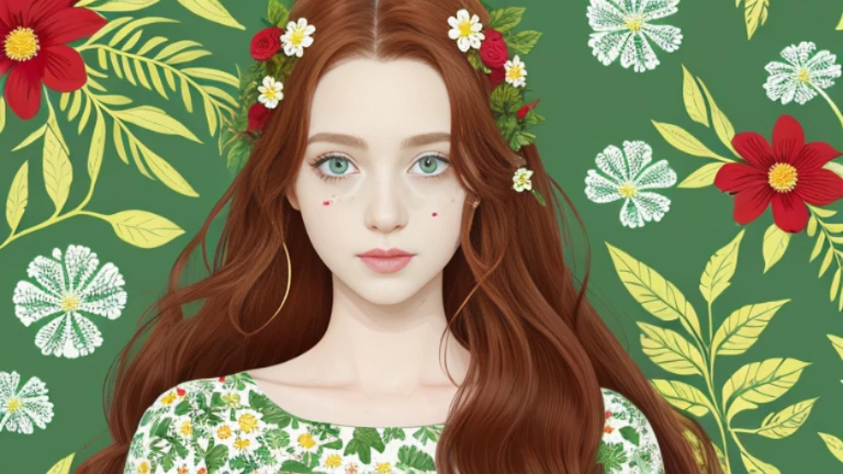 Caucasian woman with long wavy red hair, green eyes, around 30 years old, with a floral pattern cast across her face, against a background of styliezed green leaves and colorful flowers 