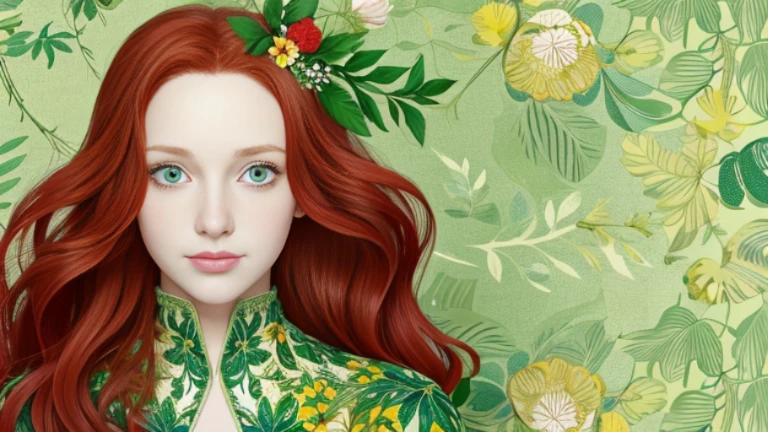 Caucasian woman with long wavy red hair, green eyes, around 30 years old, with a floral pattern cast across her face, against a background of styliezed green leaves and colorful flowers