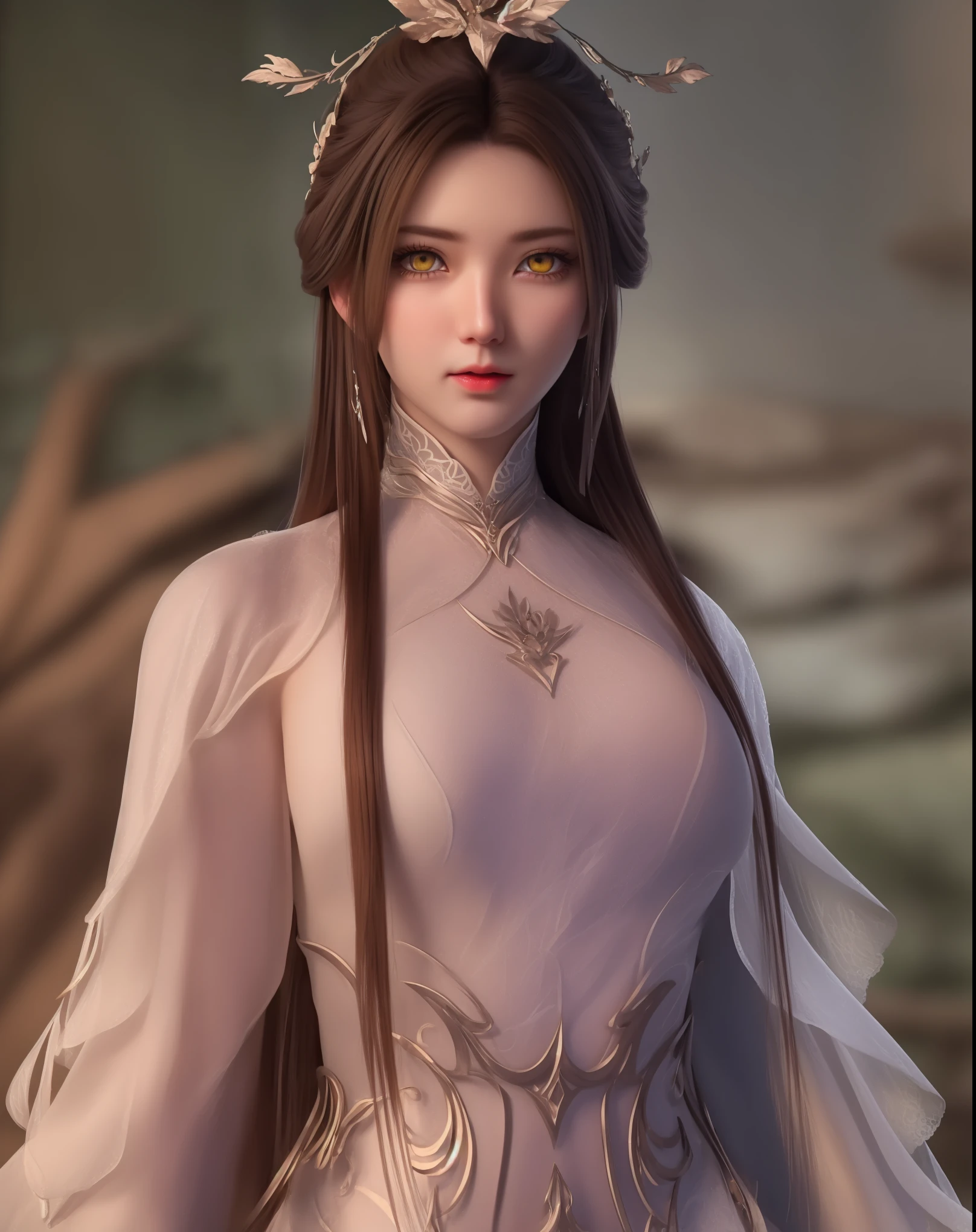 (hyperrealistic), (illustration), (high resolution), (8K), (extremely detailed), (best illustration), (beautiful detailed eyes), (best quality), (ultra-detailed), (masterpiece), (wallpaper), (photorealistic), (natural light), (rim lighting), (detailed face), (high detailed realistic skin texture), (anatomically correct), (solo), (1 girl), (high detailed realistic hair), (caramel hair:1.35), (heterochromic eyes), (detailed eyes), (light yellow eyes:1.37), (sparkling eyes), (realistic big breasts:1.5), (exposed nipples breasts:1.35), (long legs), (slender abs), (dynamic pose), (closed tiny mouth:1.3), (nsfw), (concentrated expression), (topless),