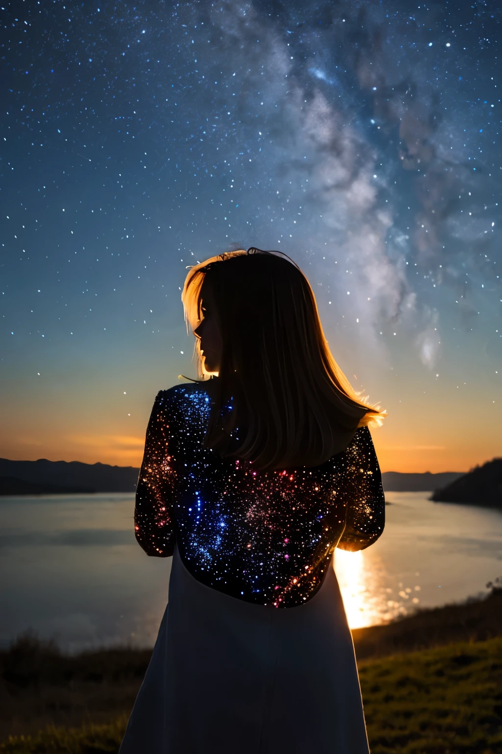 Starry sky Shooting star Girl from behind