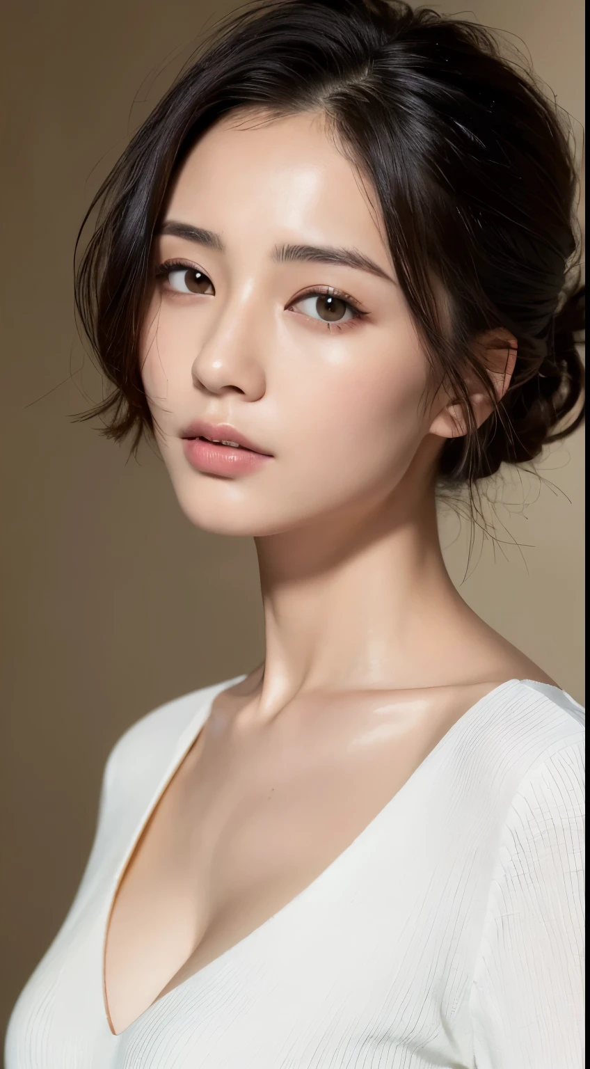 ((highest quality, 8K, masterpiece: 1.3)), sharp focus: 1.2, Beautiful Japanese woman with perfect style: 1.4, thin abs: 1.2, Random hairstyles for short hair or updo、black hair, open your white shirt,cleavage、No bra, Highly detailed face and skin texture, fine eyes, chest up