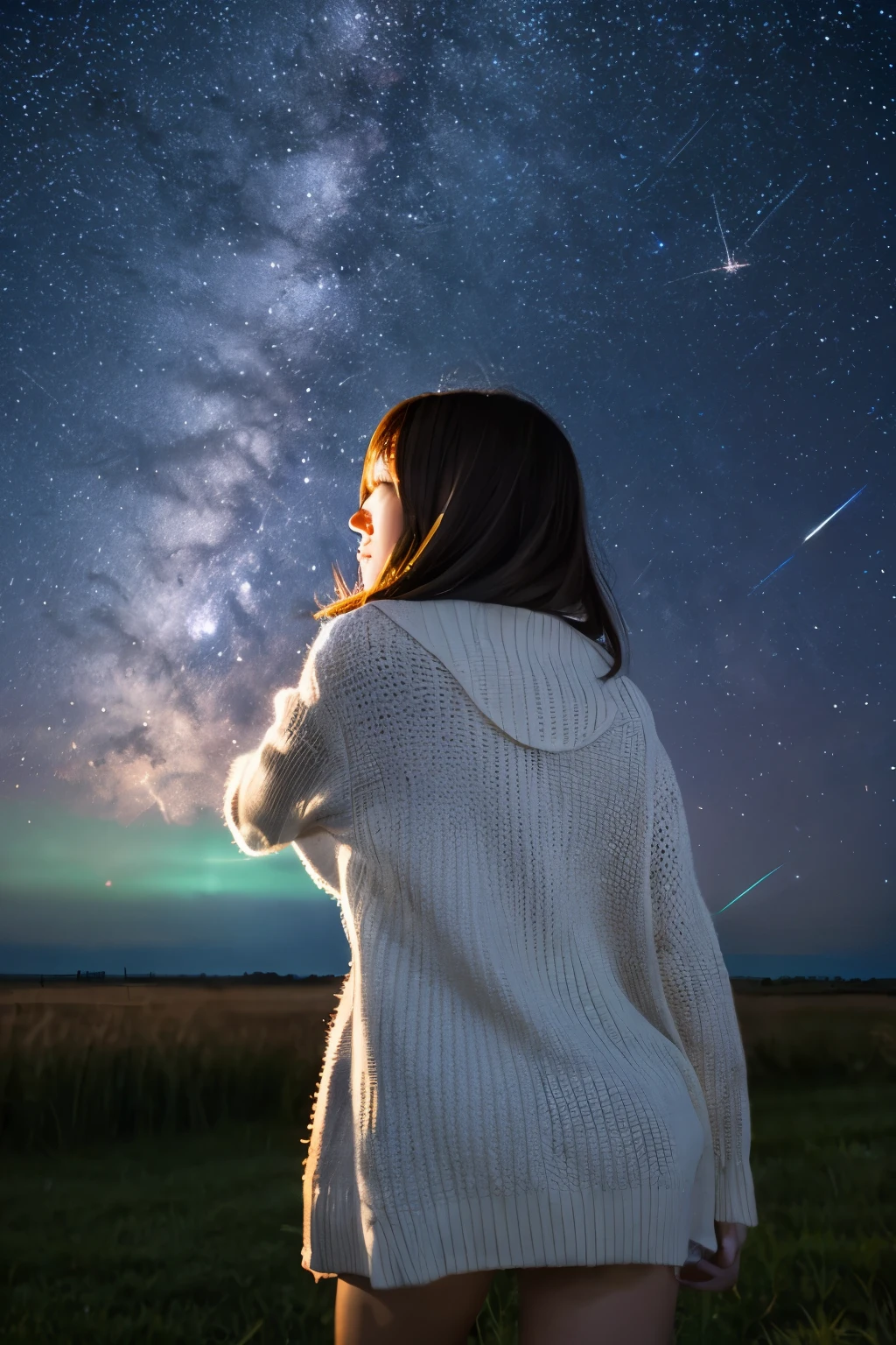 Starry sky Shooting star Girl from behind