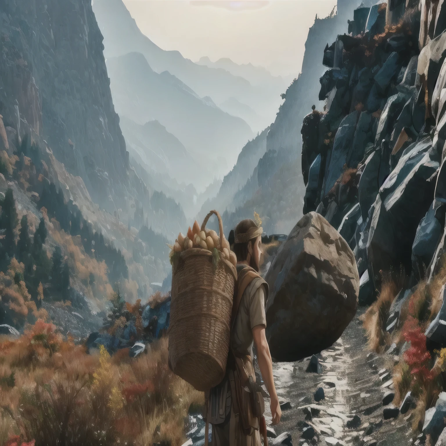 homem arafiado carregando uma cesta de frutas nas costas por um caminho na montanha, hyper-realistic adventure rendering, fantasy style 8k octane rendering, um andarilho em uma montanha, cryengine 8k render, hiperrealismo. fantasia 4k, unreal engine 5 dramatic rendering, engine 5 unreal quality rendering, realistic fantasy rendering, colorful Elder Scrolls, maximum rive