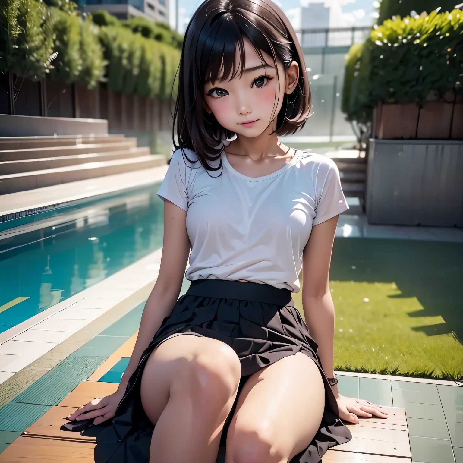 ultra high resolution photos、Accurate depiction of the human body、sunlight、Full body Esbian、Poolside、Photo session、young girl、"Photographed alone"、With the athletics stadium in the background、very accurate super young girl、very, very young face、"full nude"、"extremely small breasts"、"very young short girl"、Sweat、Climax、Cumming face、pleasure、charming、sitting with legs spread apart、Covered in semen