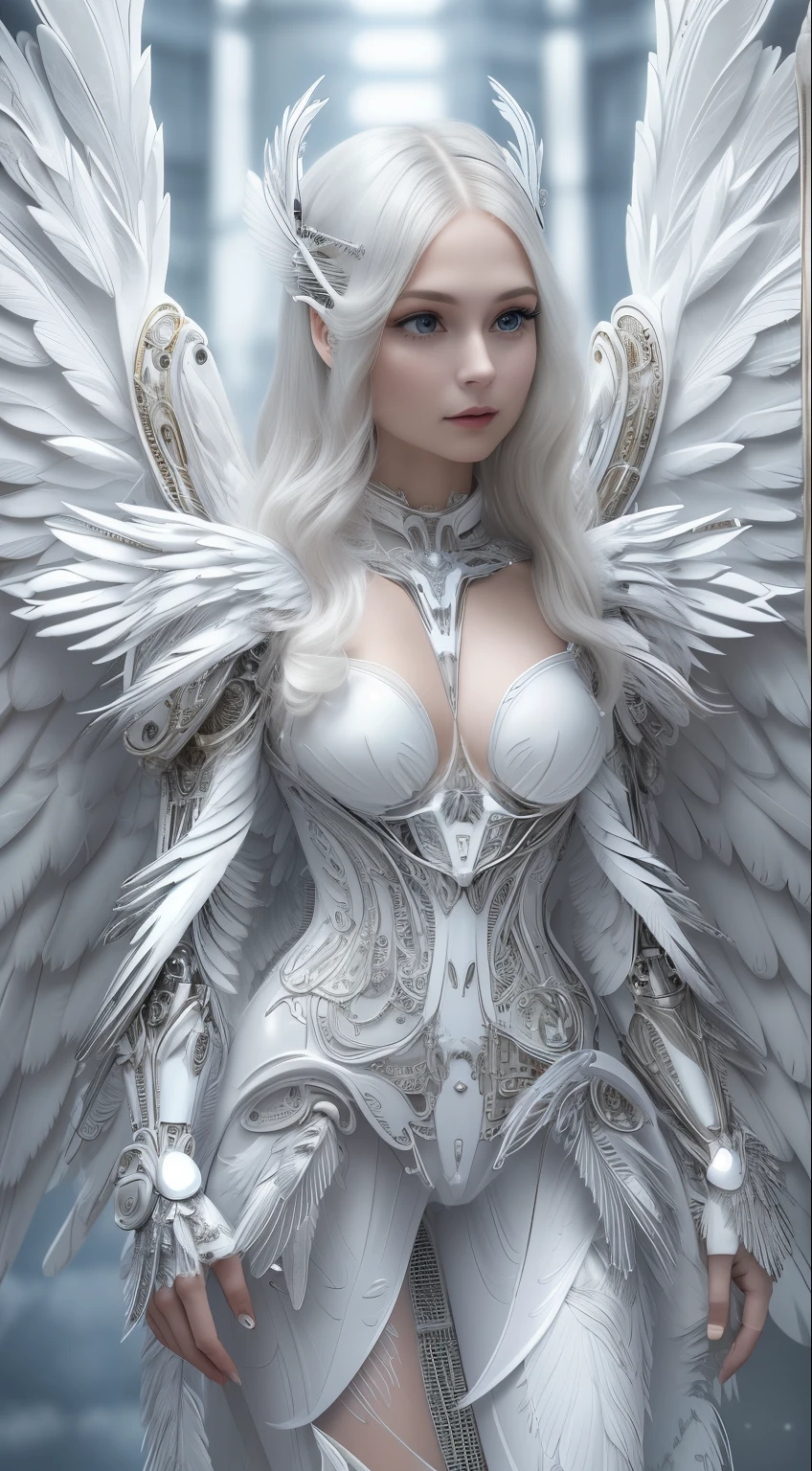 Close-up of a woman in a white dress with wings, full body angel, futuristic robot angel, amazing angel wings, angel knight gothic girl, angel in plastic armor, intricate costume designs, As a mysterious Valkyrie, Its whole body is made of white feathers,, futuristic and fantastic, white wings, beautiful angel wings, steampunk angel, beautiful cyborg angel girl, graceful wings