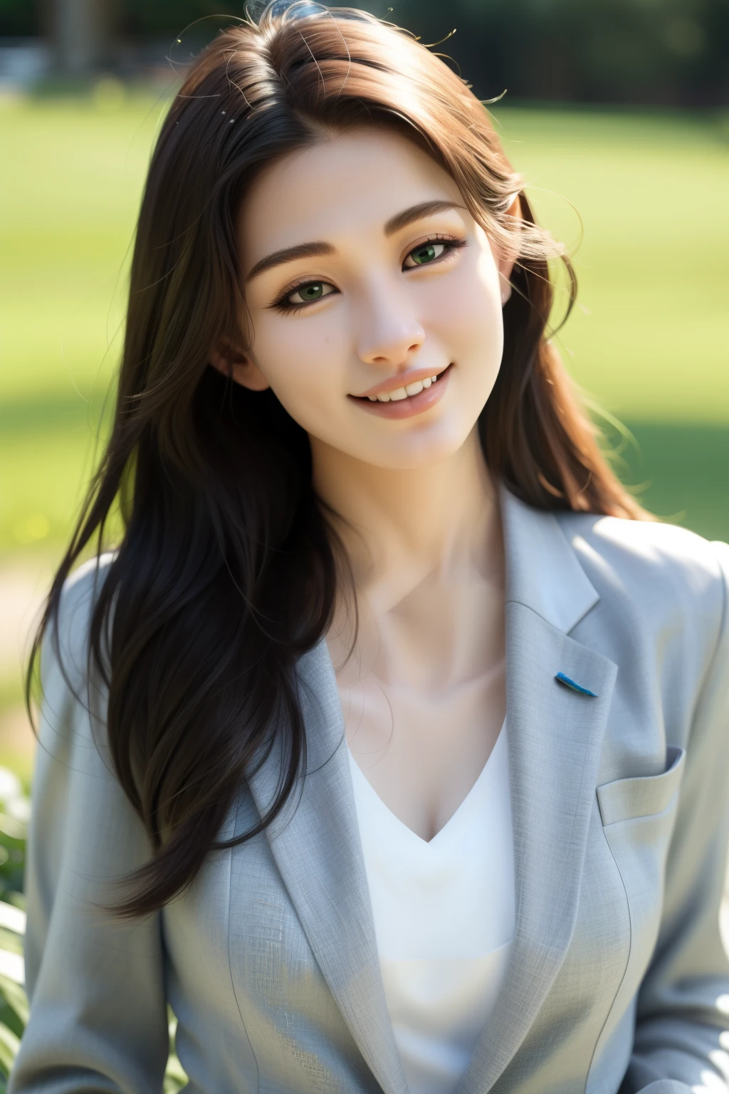 ((best quality)), ((masterpiece)), (detailed), perfect face korean beauty,20 years old,long hair,blue suit,Smile,The sun hits the face,Beautiful,Spring green background