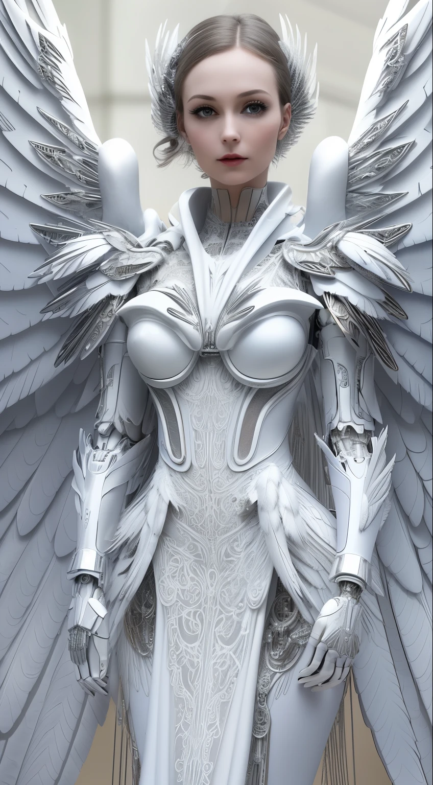Close-up of a woman in a white dress with wings, full body angel, futuristic robot angel, amazing angel wings, angel knight gothic girl, angel in plastic armor, intricate costume designs, As a mysterious Valkyrie, Its whole body is made of white feathers,, futuristic and fantastic, white wings, beautiful angel wings, steampunk angel, beautiful cyborg angel girl, graceful wings