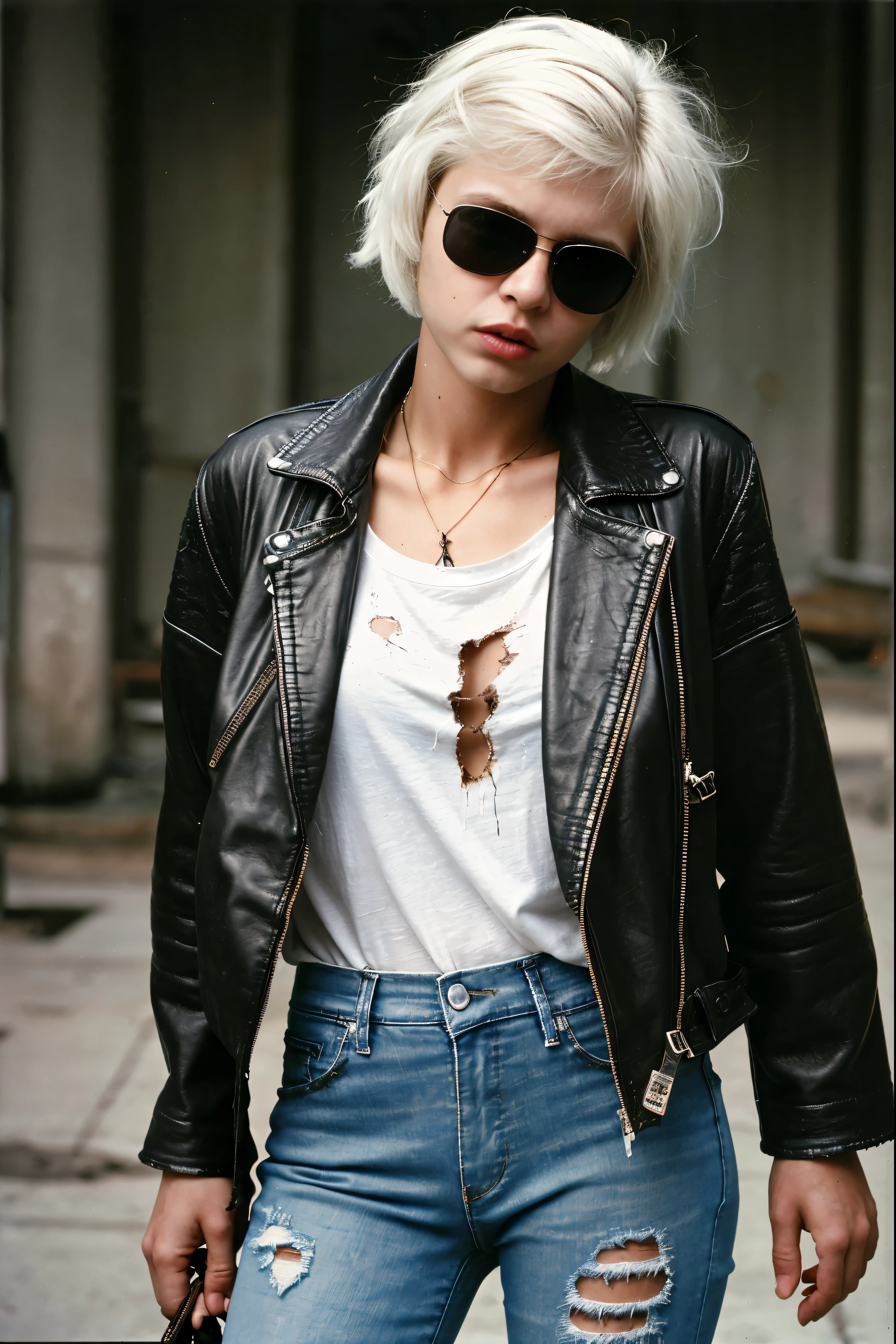 Young woman wearing a oversized T-shirt under a black leather jacket, aviator sunglasses, tattered jeans, scruffy looking, sexy, messy short white hair, masterpiece, RAW, by Steve McCurry, Olympus OM1, 70mm, professional photography