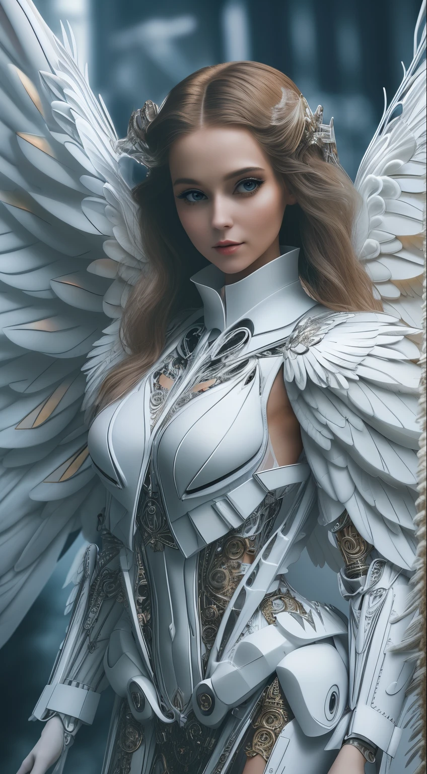 Close-up of a woman in a white dress with wings, full body angel, futuristic robot angel, amazing angel wings, angel knight gothic girl, angel in plastic armor, intricate costume designs, As a mysterious Valkyrie, Its whole body is made of white feathers,, futuristic and fantastic, white wings, beautiful angel wings, steampunk angel, beautiful cyborg angel girl, graceful wings