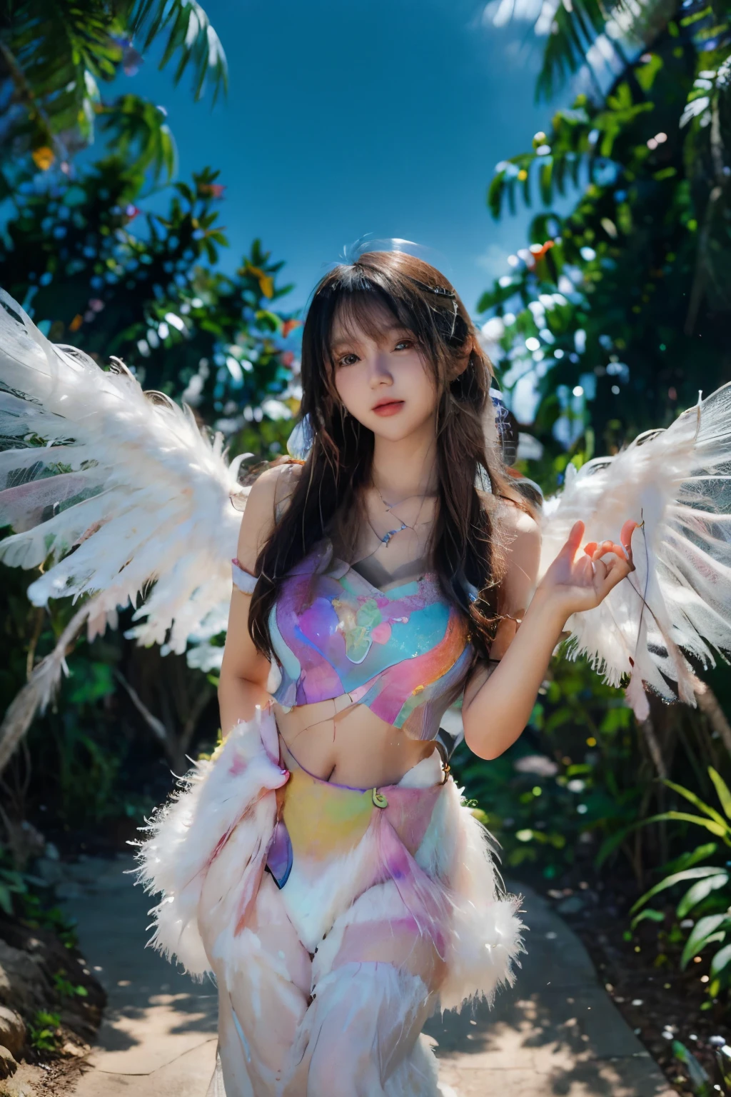 1girl, 23 years old, standing regal with open hands, symmetrical and fractal, multi-color pastel long hair, colorful (1.2), lies in a bird's nest and hatches (1.2), perfect face, sexy lingerie, transparent, oil smooth skin,  kinky and sexy smile, looking at the viewer, fairy wings, Big fairy wings, multi color pastel feather wings, fairy vibe , background of mystic realm and magic, the particles of magic light with multi color , wind forming particles in seamless fractal pattern, warm light, epic scene , HDR+, extreme detailed ,Nikon D850, masterpiece, devianart, photo-real painting