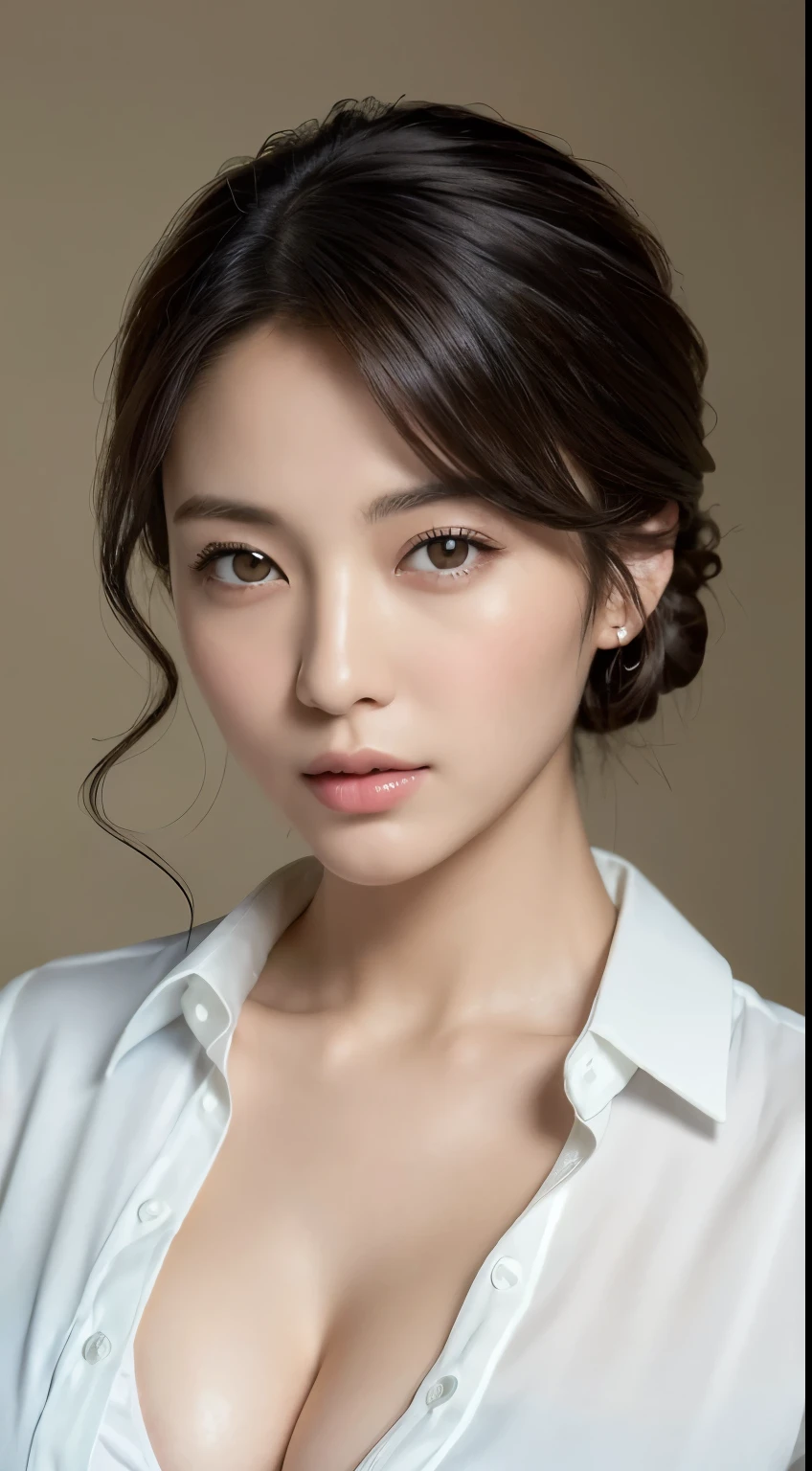 ((highest quality, 8K, masterpiece: 1.3)), sharp focus: 1.2, Beautiful Japanese woman with perfect style: 1.4,  Random hairstyles for short hair or updo、black hair, wear a white shirt unbuttoned、Open,cleavage、No bra, Highly detailed face and skin texture, fine eyes, Shooting upper body、sexy pose