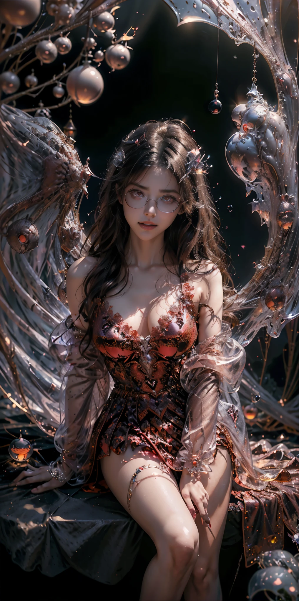 (The best illustrations)、realisitic、ultra-detailliert、The best lighting、Best Shadows、alluring succubus, ethereal beauty, perched on a cloud, (fantasy illustration:1.3), enchanting gaze, captivating pose, delicate wings, otherworldly charm, mystical sky, (Luis Royo:1.2), (Yoshitaka Amano:1.1), Dungeon and Dragon、caves、Dungeon、 A Necromancer、natta、Dark style、Succubus、Devil's Daughter、Bat Wings，(((Demon Hornlack-rimmed round glasses))))、(red eyes glowing:1.6)、​beautiful countenance、Tindall Effect、(High Detail Skins:1.2) absurderes、Ponytail distortion、jewely、Beautiful expression、Toned waist、Wide buttocks、Tindall Effectmasuter piece、top-quality、Highest Standards、Top image quality、masutepiece、intricate detailes、High resolution、Depth Field、natural soft light、profetional lighting、Great smile、(High Detail Skin: 1.2)、photorealistic anime girl render、Strong highlights of the eyes、Perfect Anatomy、crotch open、Shy、Spreading your legs、Panties are visible、Skirt flipping、Body shiny with oilerectile nipple))、8K resolution、intricate clothing、Intricate details, Sexy girl on white bed，Charming eyes，Heartwarming action，Open legs，Transparent silk pajamas ，barechested，Thick long hair，Highly detailed body，Highly detailed face