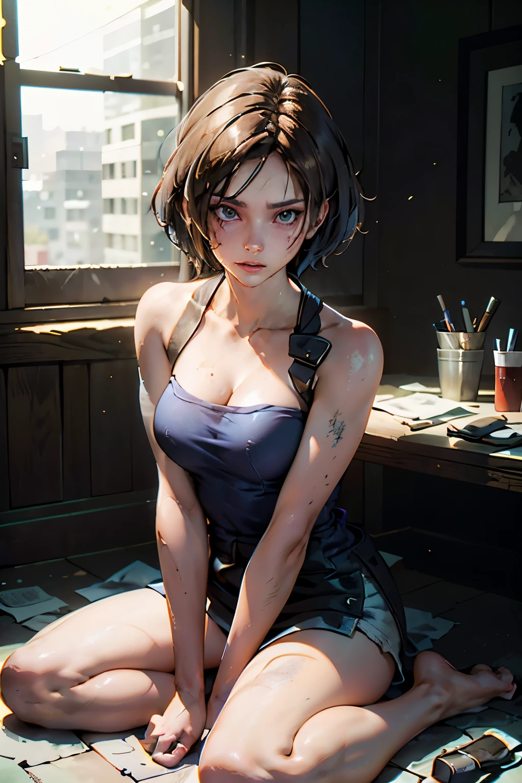 (masterpiece, highest quality), Jill Valentine RE, 1 girl, alone, short hair, brown hair, Blue tube top, No sleeve, bare shoulders, mini skirt, black mini skirt, beautiful feet, barefoot, bent legs, sitting on the floor, looking at the viewer,