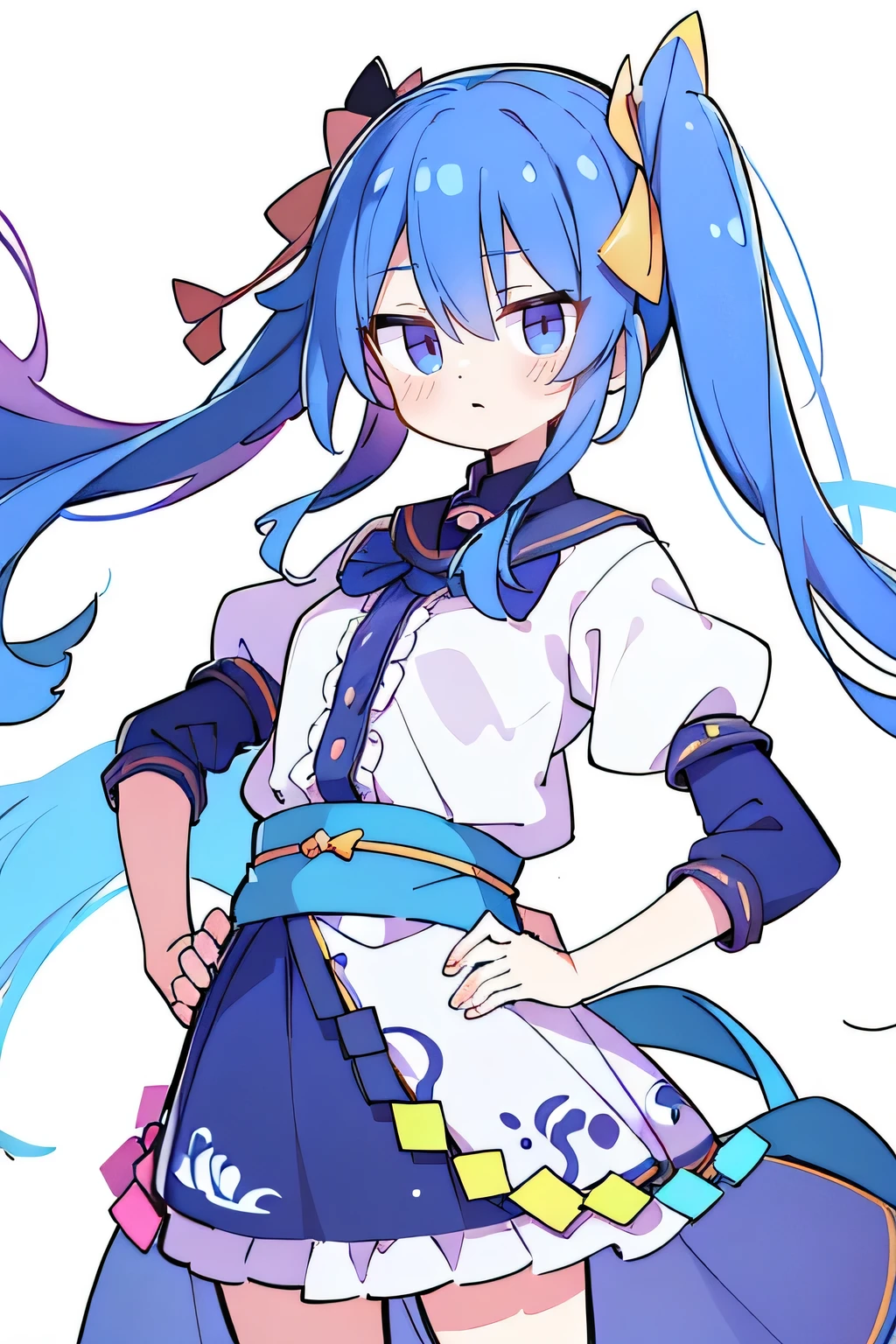 (best quality,highres,masterpiece:1.2),ultra-detailed,(realistic:1.37), expressive eyes, perfect face, 1 girl, hands on waist, beautiful, glamorous, Japanese anime, girl, Lola, Chouno Angel, blue hair, floating clothes, waist grabbing, hands on hips, flat-chested, starry sky