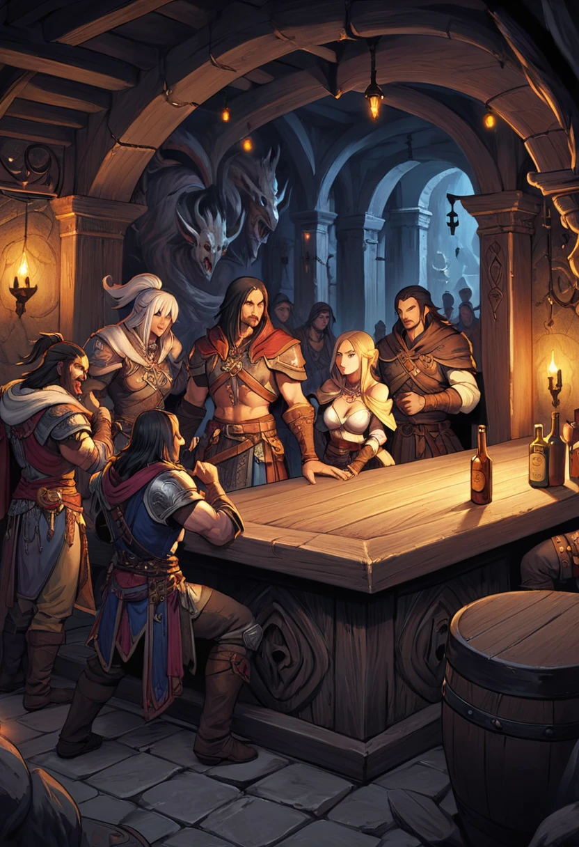 At the end of the dungeon, the bar is brightly lit, Adventurers gather, singing and drinking intertwined, Barbarians, Mages, Assassins, masterpiece, best quality, perfect composition, very aesthetic, absurdres, ultra-detailed, intricate details, Professional, official art, Representative work