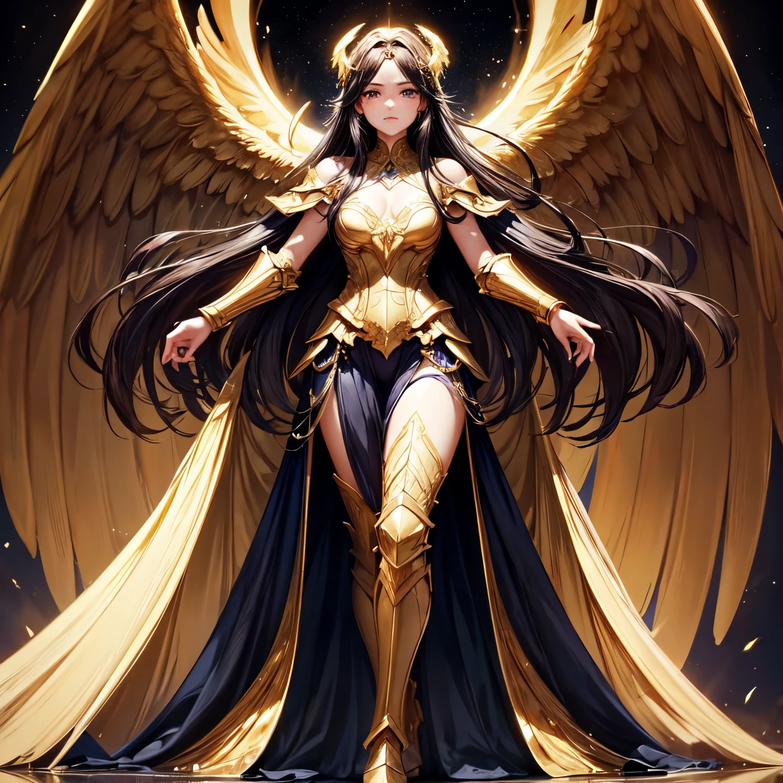 best quality, extremely beautiful, beautiful face, angel woman, four huges golden wing, revealing armor with open front skirt, very long dark hair
