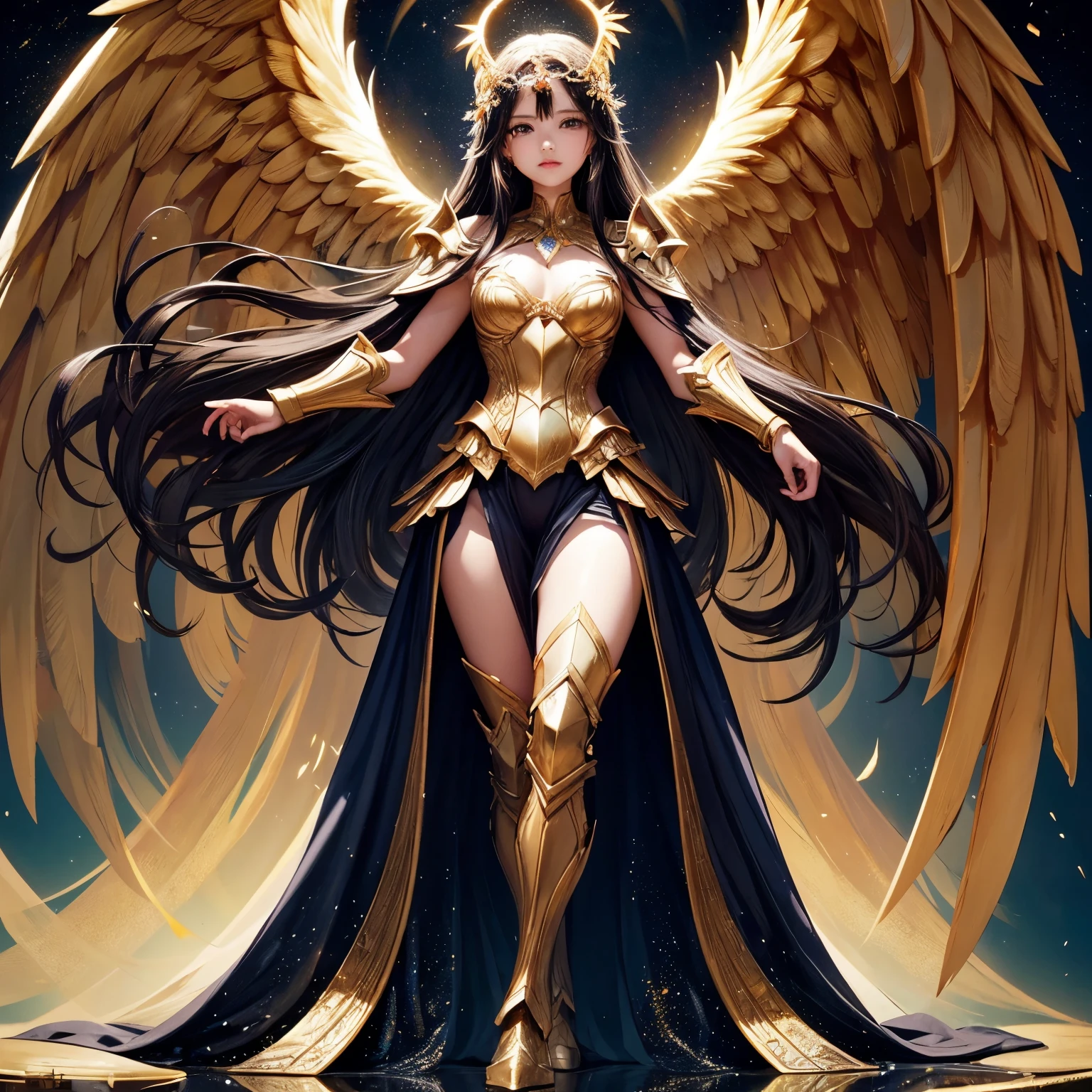 best quality, extremely beautiful, beautiful face, angel woman, four huges golden wing, revealing armor with open front skirt, very long dark hair
