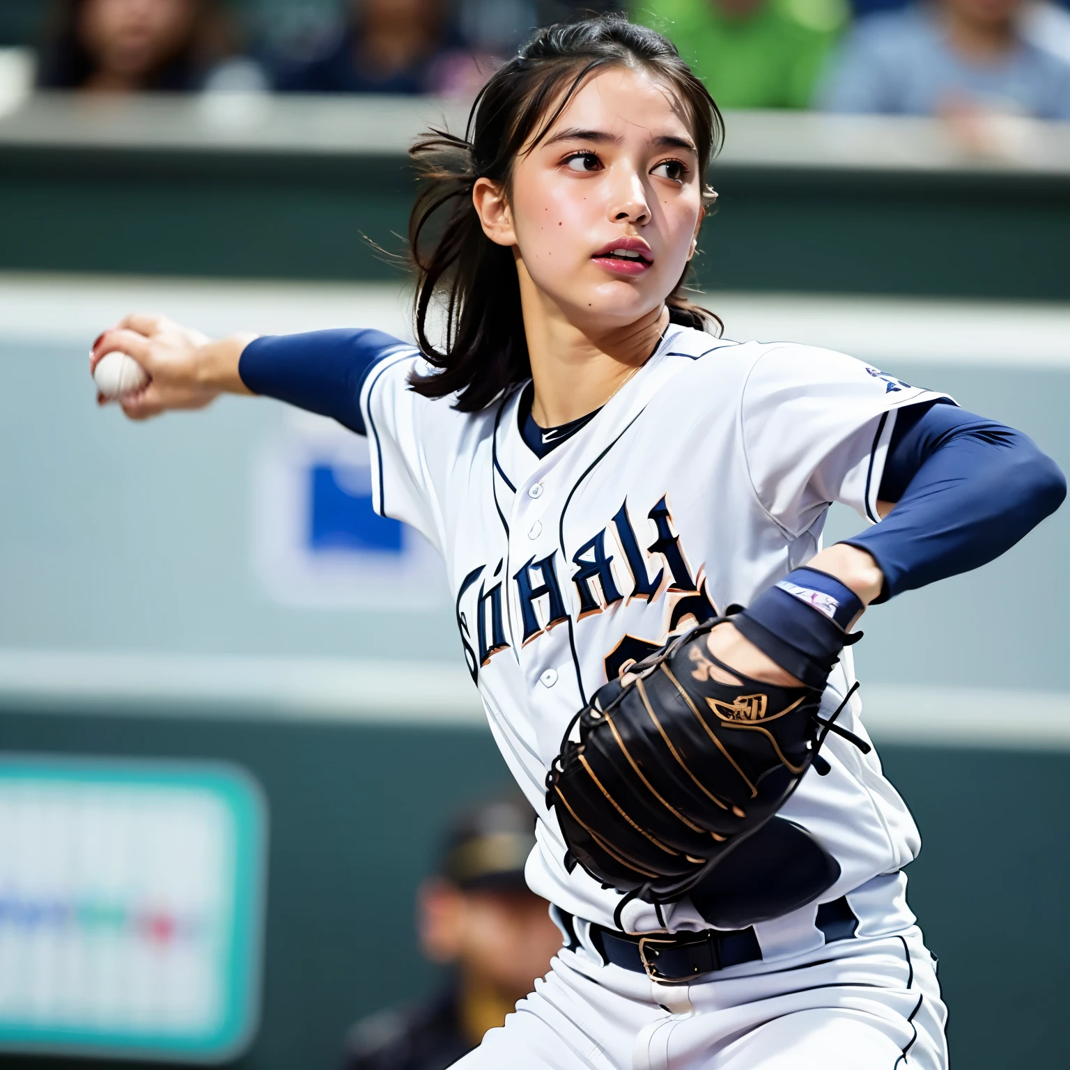 (Highest Quality: 1.2), Super Detailed, Realistic, Portrait, (Pitching, Baseball Player, Shohei Ohtani Pitching Pose:1.5), Major League Player, Beautiful Female Athlete, Highly Detailed Eyes and Face, Professional, Action Shot, Pitcher's Arm and Close-up of hands, fast motion capture, emphasis on intensity and focus, sharp focus, studio lighting, dynamic, expressive, athletic, pitch, fastball or breaking ball, accurate pitch, bright green baseball field, vibrant Colors, contrast between players and background, dynamic shadows, and bokeh effects that highlight the players.