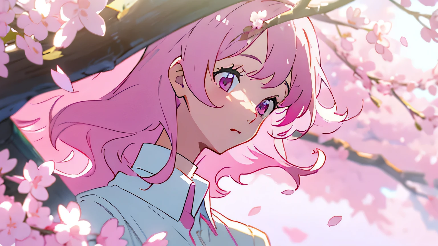 light pink hair, pink eyes, pink and white, cherry blossom leaves, Bright colors, white dress, paint splash, simple background, ray tracing, wavy hair,girl wearing anime style uniform