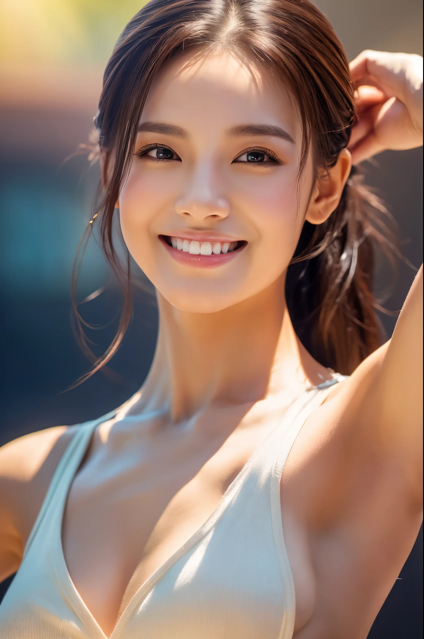 8K,american big breasted woman,Super beautiful(like the real thing),adult woman,sexyな水着,ponytail,smile,masterpiece,Photorealistic RAW photos of the highest quality。bright colors,rich colors, Backlight, cinematic lighting, film grain, to be born, 50MM lens, Nikon D850,super realistic skin,fantasy art,character art,ultra high resolution,realistic scale skin,Perfect hand shape,view audience,smile,beautiful expression,Close-up,muscular slim body,Makeup,sexy,dynamic pose,Close-up,