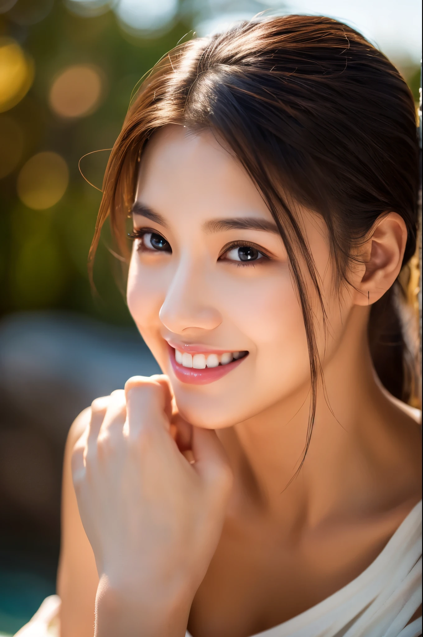 8K,american big breasted woman,Super beautiful(like the real thing),adult woman,sexyな水着,ponytail,smile,masterpiece,Photorealistic RAW photos of the highest quality。bright colors,rich colors, Backlight, cinematic lighting, film grain, to be born, 50MM lens, Nikon D850,super realistic skin,fantasy art,character art,ultra high resolution,realistic scale skin,Perfect hand shape,view audience,smile,beautiful expression,Close-up,muscular slim body,Makeup,sexy,dynamic pose,Close-up,