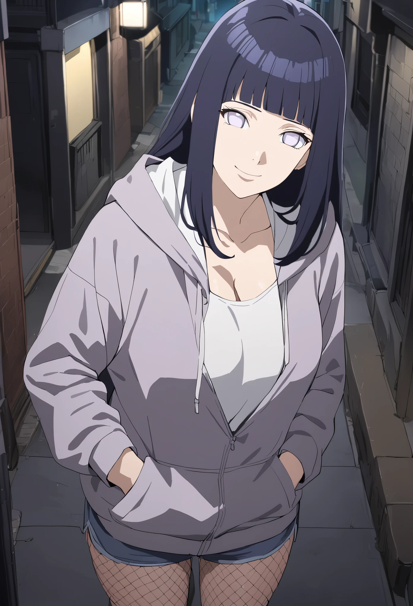 best quality,masterpiece,highres,absurdres,newest,rating: general, (hinata, 1girl, hyuuga hinata, purple eyes,white eyes, blunt bangs),fishnet pantyhose, short shorts, hoodie,hand in pocket, smile,head tilt, street,cowboy shot, ?,(night,night sky),from above,large breasts,cleavage,