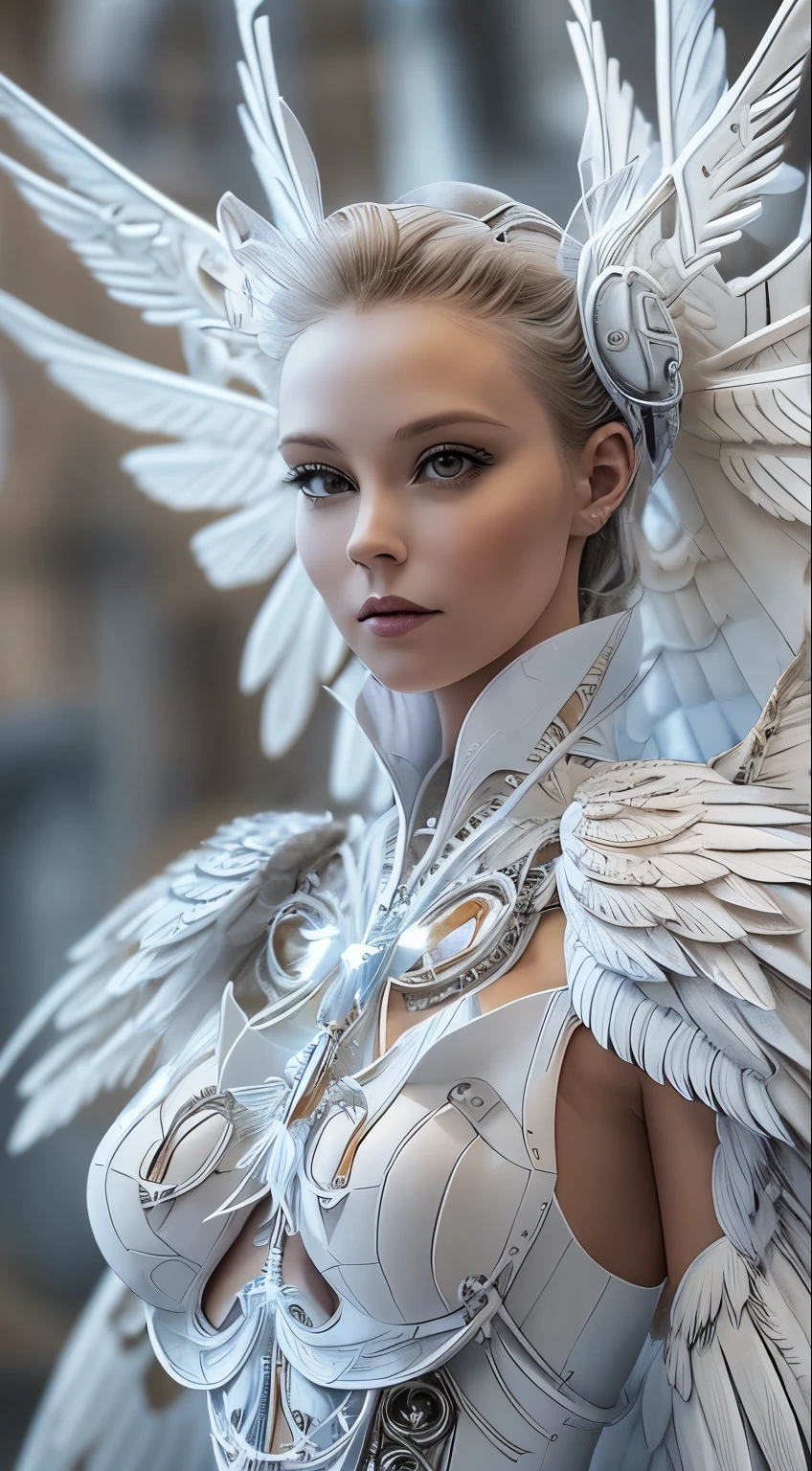 Close-up of a woman in a white dress with wings, full body angel, futuristic robot angel, amazing angel wings, angel knight gothic girl, angel in plastic armor, intricate costume designs, As a mysterious Valkyrie, Its whole body is made of white feathers,, futuristic and fantastic, white wings, beautiful angel wings, steampunk angel, beautiful cyborg angel girl, graceful wings